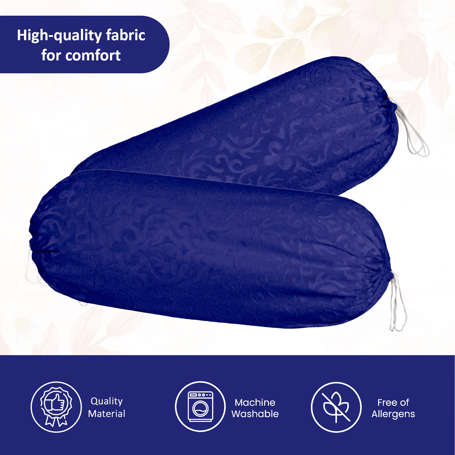 Kuber Industries 2 Pcs Aesthetic BolsterSide Pillow Cover with Dori for Sofa  Diwan  Washable Cylindrical Takiya  Round Pillow Cover for Home Decoration  Floral Design - Blue