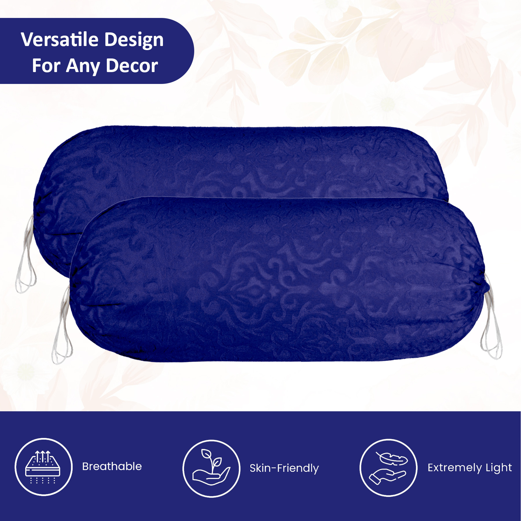 Kuber Industries 2 Pcs Aesthetic BolsterSide Pillow Cover with Dori for Sofa  Diwan  Washable Cylindrical Takiya  Round Pillow Cover for Home Decoration  Floral Design - Blue