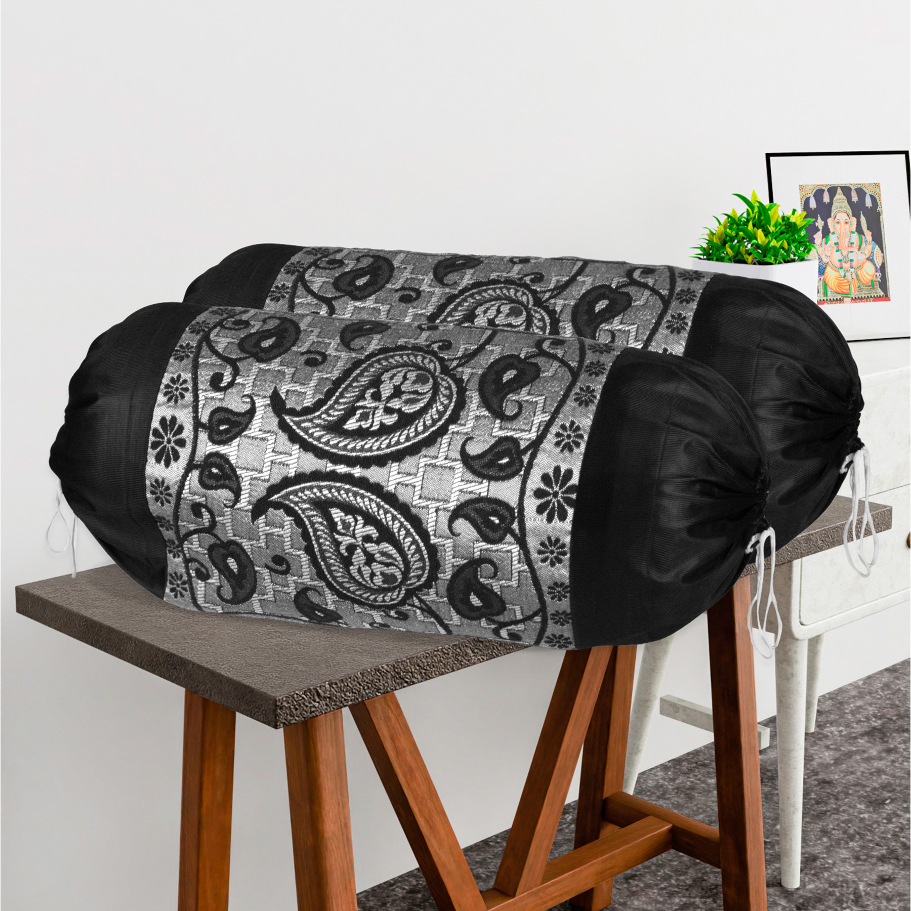 Kuber Industries 2 Pcs Aesthetic BolsterSide Pillow Cover with Dori for Sofa  Diwan  Washable Cylindrical Takiya  Round Pillow Cover for Home Decor  Leaf Design - Black Grey