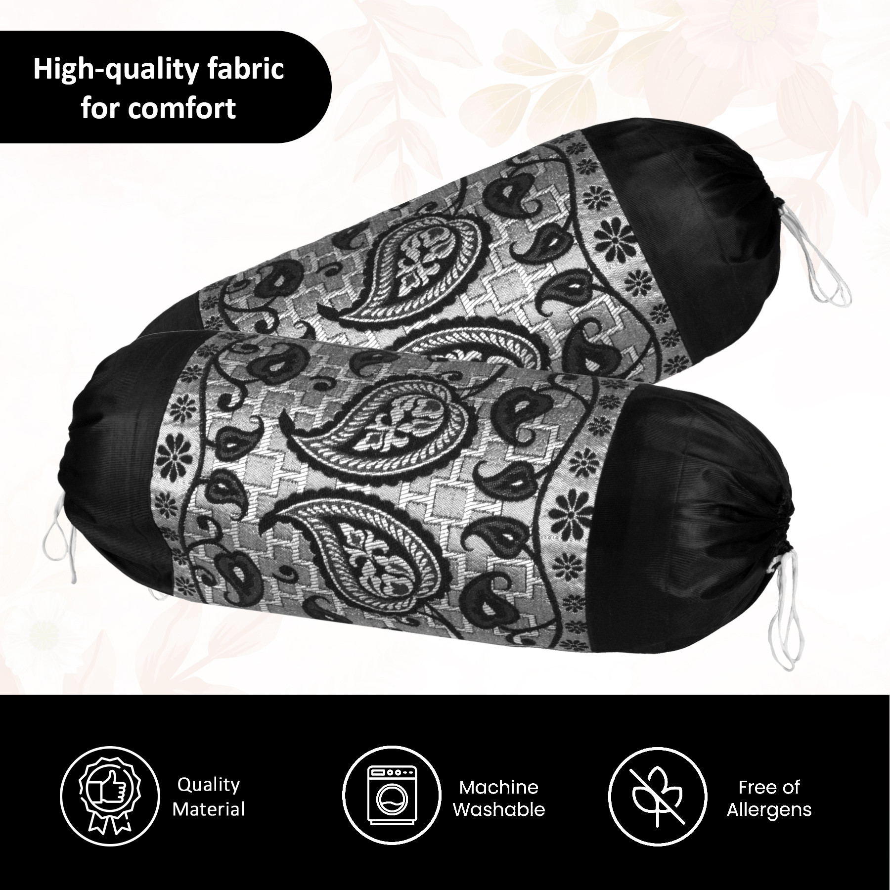 Kuber Industries 2 Pcs Aesthetic BolsterSide Pillow Cover with Dori for Sofa  Diwan  Washable Cylindrical Takiya  Round Pillow Cover for Home Decor  Leaf Design - Black Grey