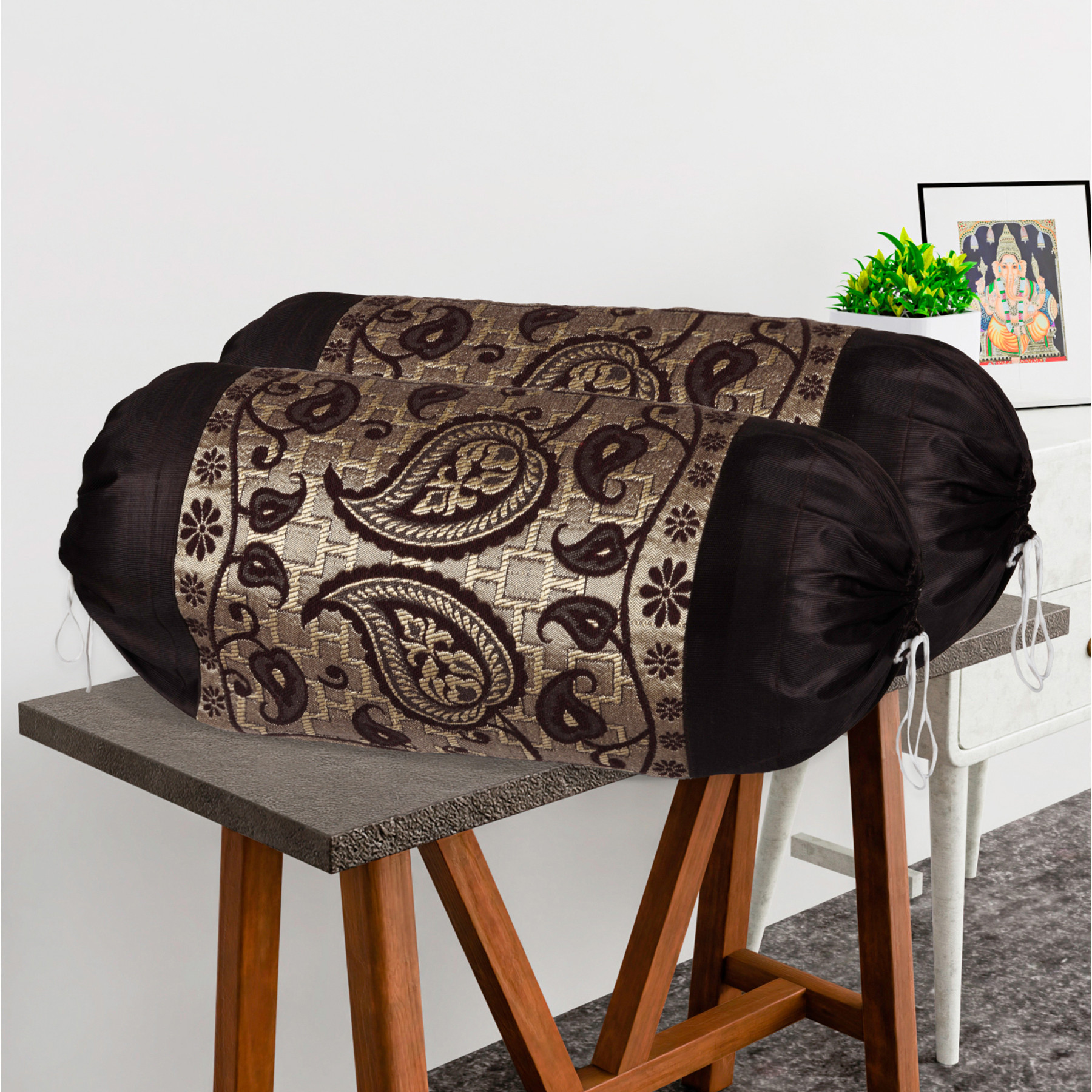 Kuber Industries 2 Pcs Aesthetic BolsterSide Pillow Cover with Dori for Sofa  Diwan  Washable Cylindrical Takiya  Round Pillow Cover for Home Decor  Leaf Design - Golden Brown