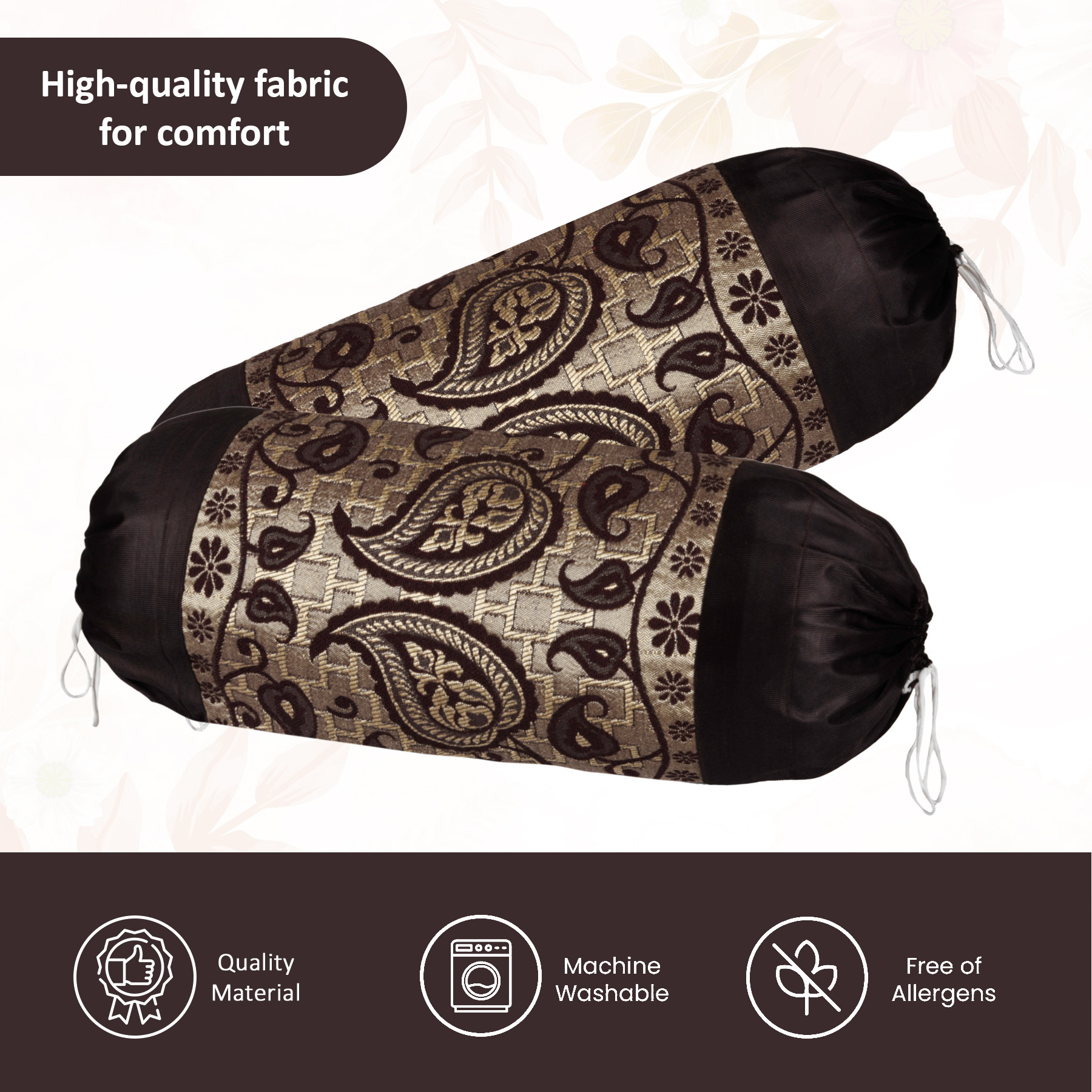 Kuber Industries 2 Pcs Aesthetic BolsterSide Pillow Cover with Dori for Sofa  Diwan  Washable Cylindrical Takiya  Round Pillow Cover for Home Decor  Leaf Design - Golden Brown