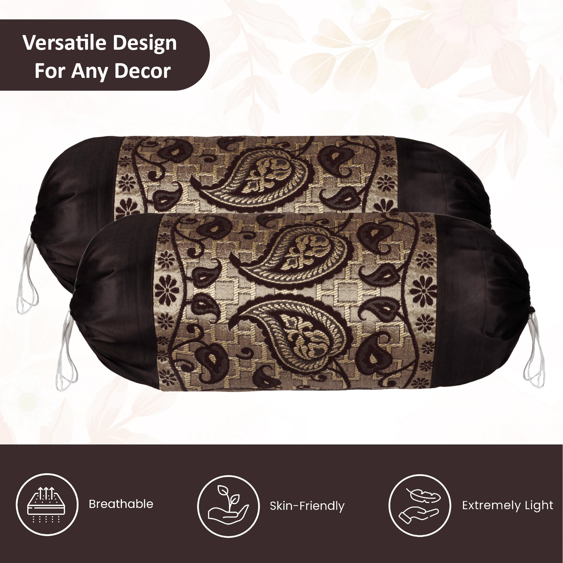 Kuber Industries 2 Pcs Aesthetic BolsterSide Pillow Cover with Dori for Sofa  Diwan  Washable Cylindrical Takiya  Round Pillow Cover for Home Decor  Leaf Design - Golden Brown