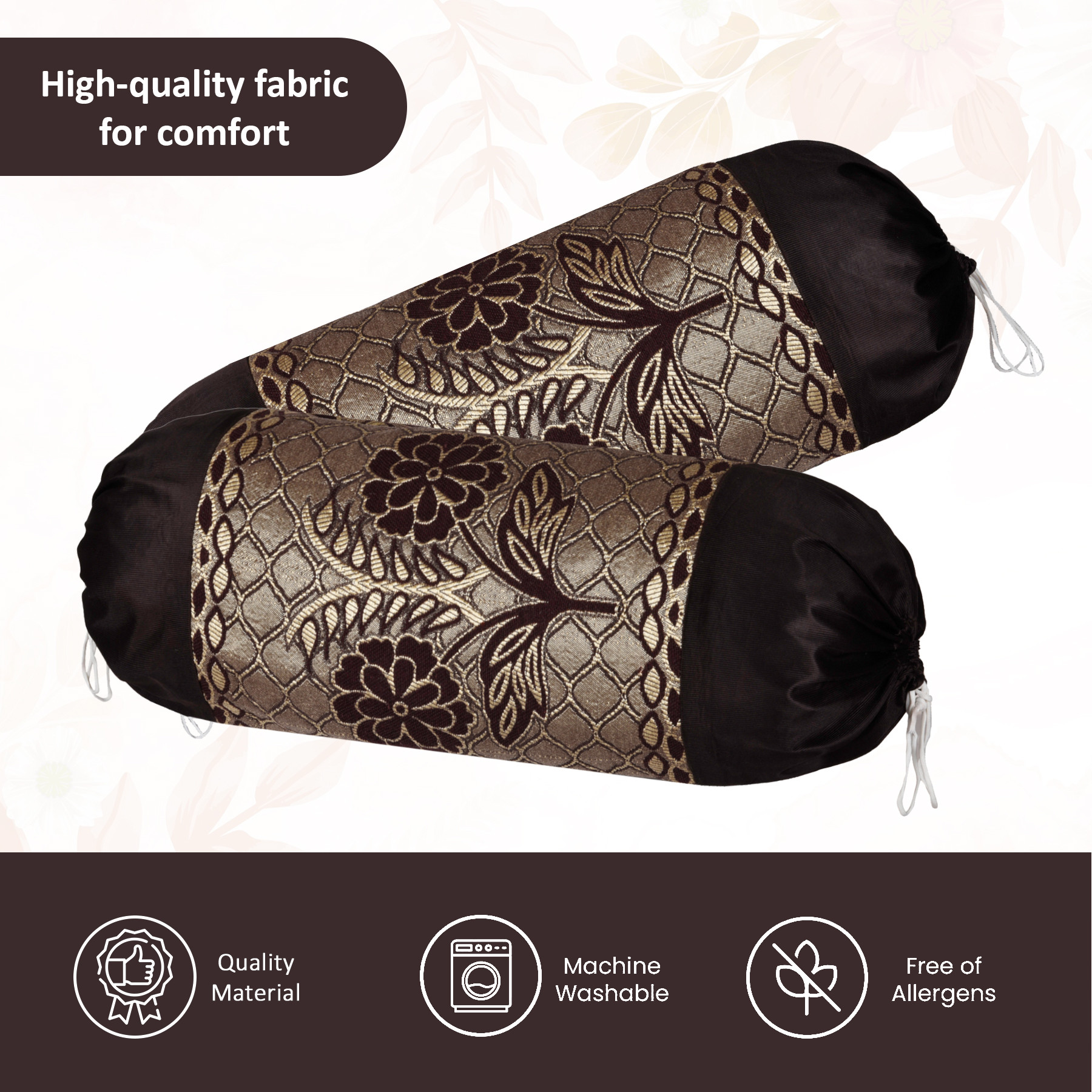 Kuber Industries 2 Pcs Aesthetic BolsterSide Pillow Cover with Dori for Sofa  Diwan  Washable Cylindrical Takiya  Round Pillow Cover for Home Decor  Flower Design - Golden Brown