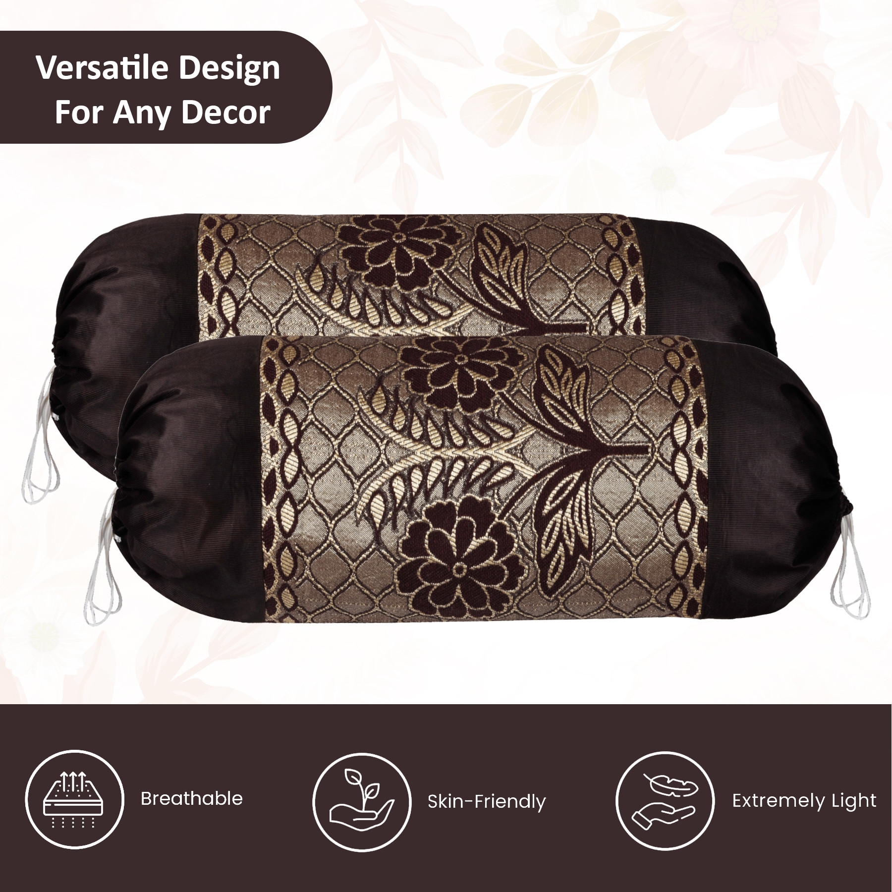 Kuber Industries 2 Pcs Aesthetic BolsterSide Pillow Cover with Dori for Sofa  Diwan  Washable Cylindrical Takiya  Round Pillow Cover for Home Decor  Flower Design - Golden Brown
