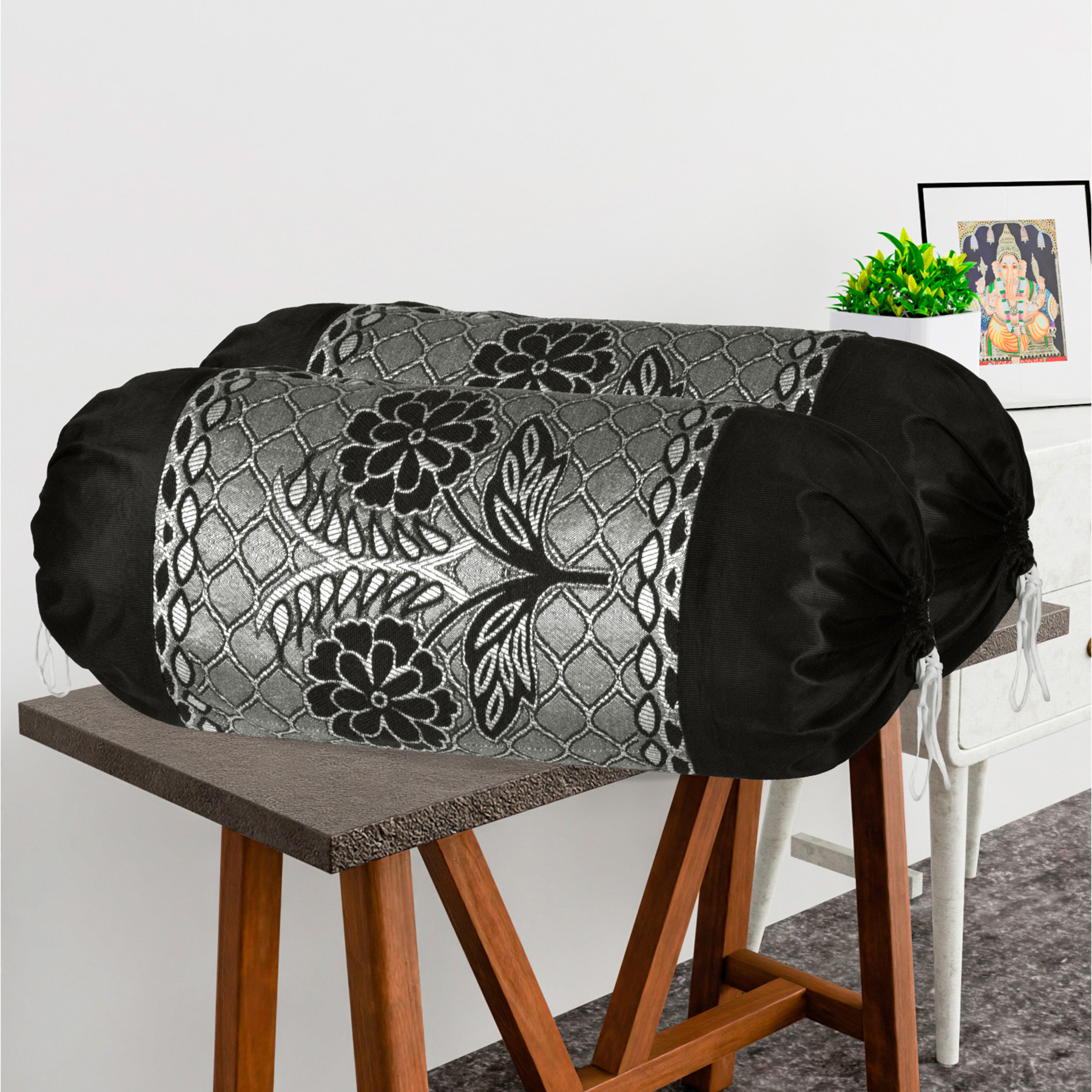 Kuber Industries 2 Pcs Aesthetic BolsterSide Pillow Cover with Dori for Sofa  Diwan  Washable Cylindrical Takiya  Round Pillow Cover for Home Decor  Flower Design - Black Grey
