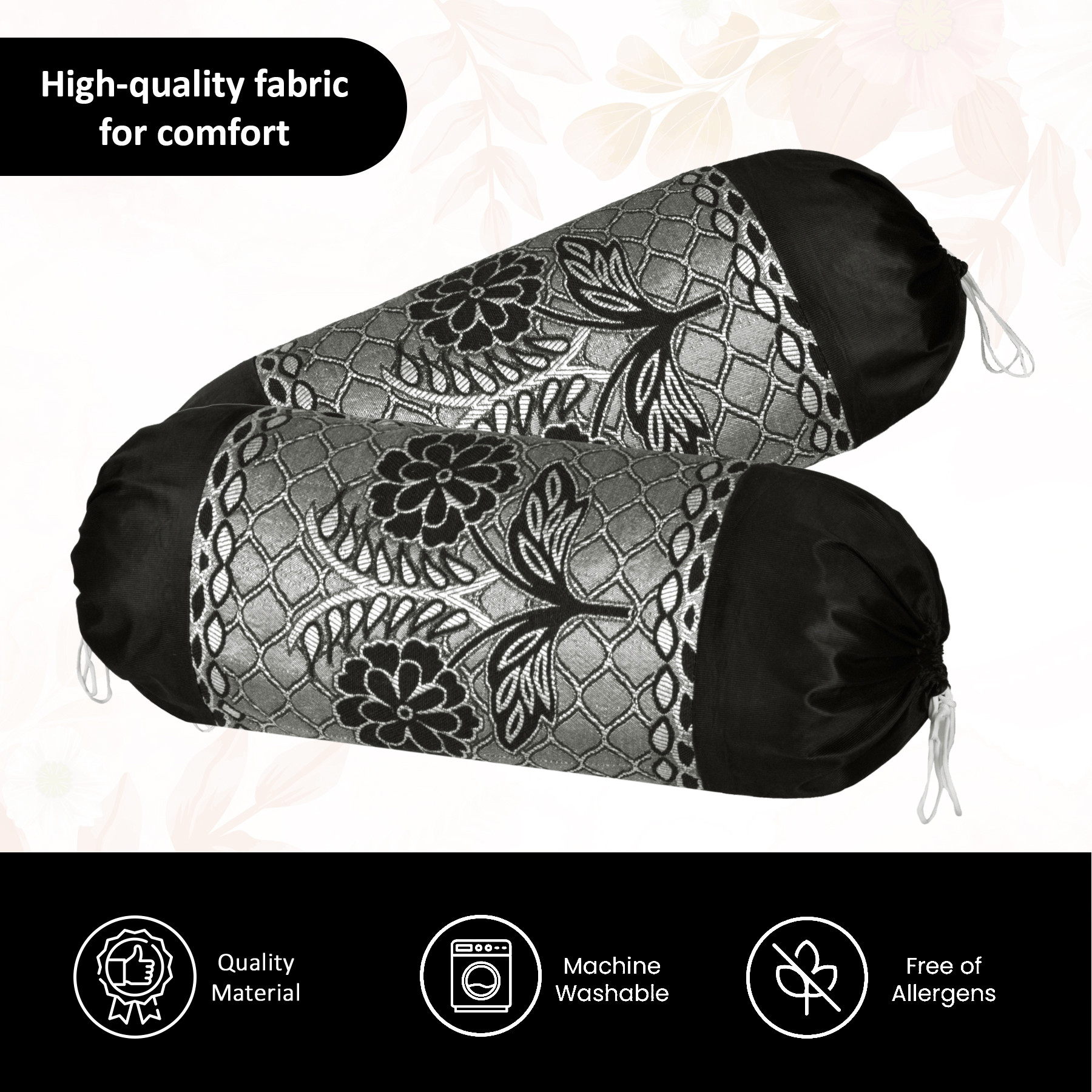 Kuber Industries 2 Pcs Aesthetic BolsterSide Pillow Cover with Dori for Sofa  Diwan  Washable Cylindrical Takiya  Round Pillow Cover for Home Decor  Flower Design - Black Grey