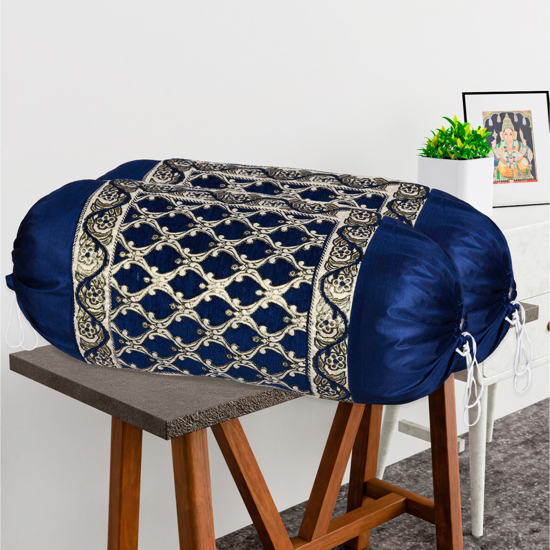 Kuber Industries 2 Pcs Aesthetic BolsterSide Pillow Cover with Dori for Sofa  Diwan  Washable Cylindrical Takiya  Round Pillow Cover for Home Decor  Jali Design - Golden Blue
