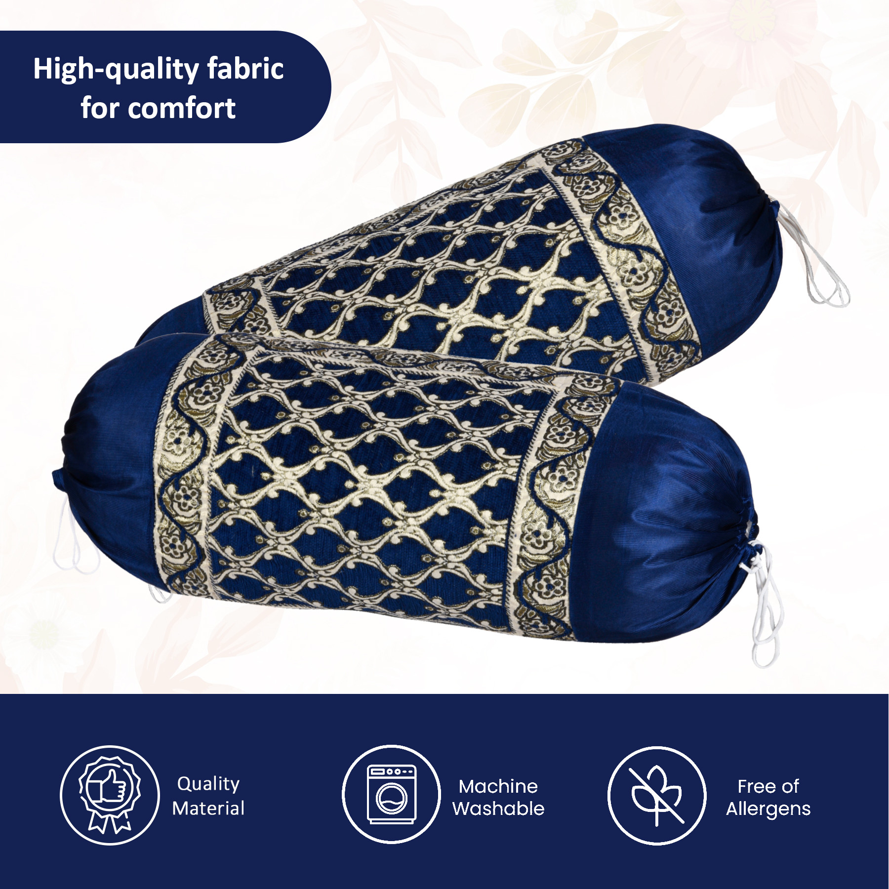 Kuber Industries 2 Pcs Aesthetic BolsterSide Pillow Cover with Dori for Sofa  Diwan  Washable Cylindrical Takiya  Round Pillow Cover for Home Decor  Jali Design - Golden Blue