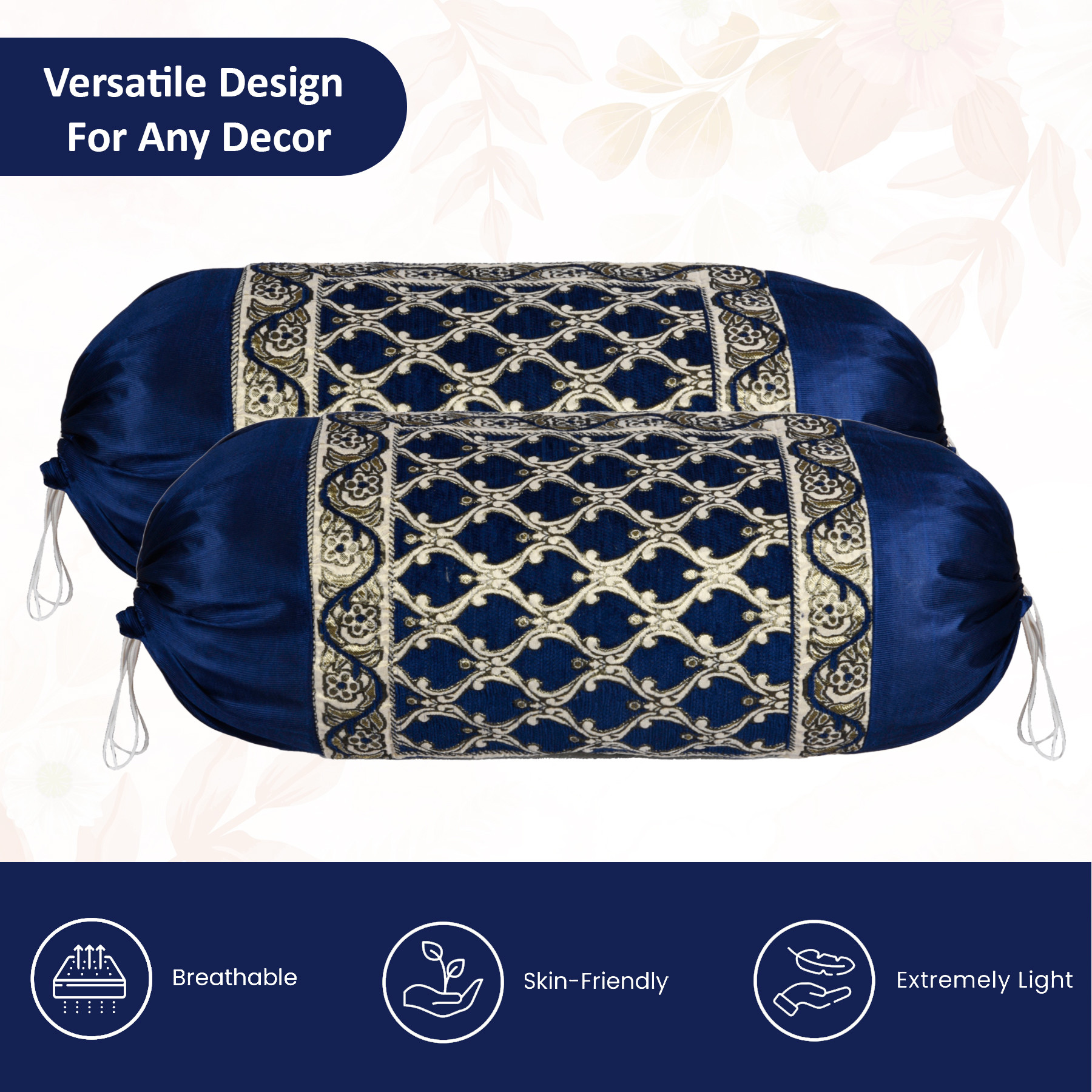 Kuber Industries 2 Pcs Aesthetic BolsterSide Pillow Cover with Dori for Sofa  Diwan  Washable Cylindrical Takiya  Round Pillow Cover for Home Decor  Jali Design - Golden Blue