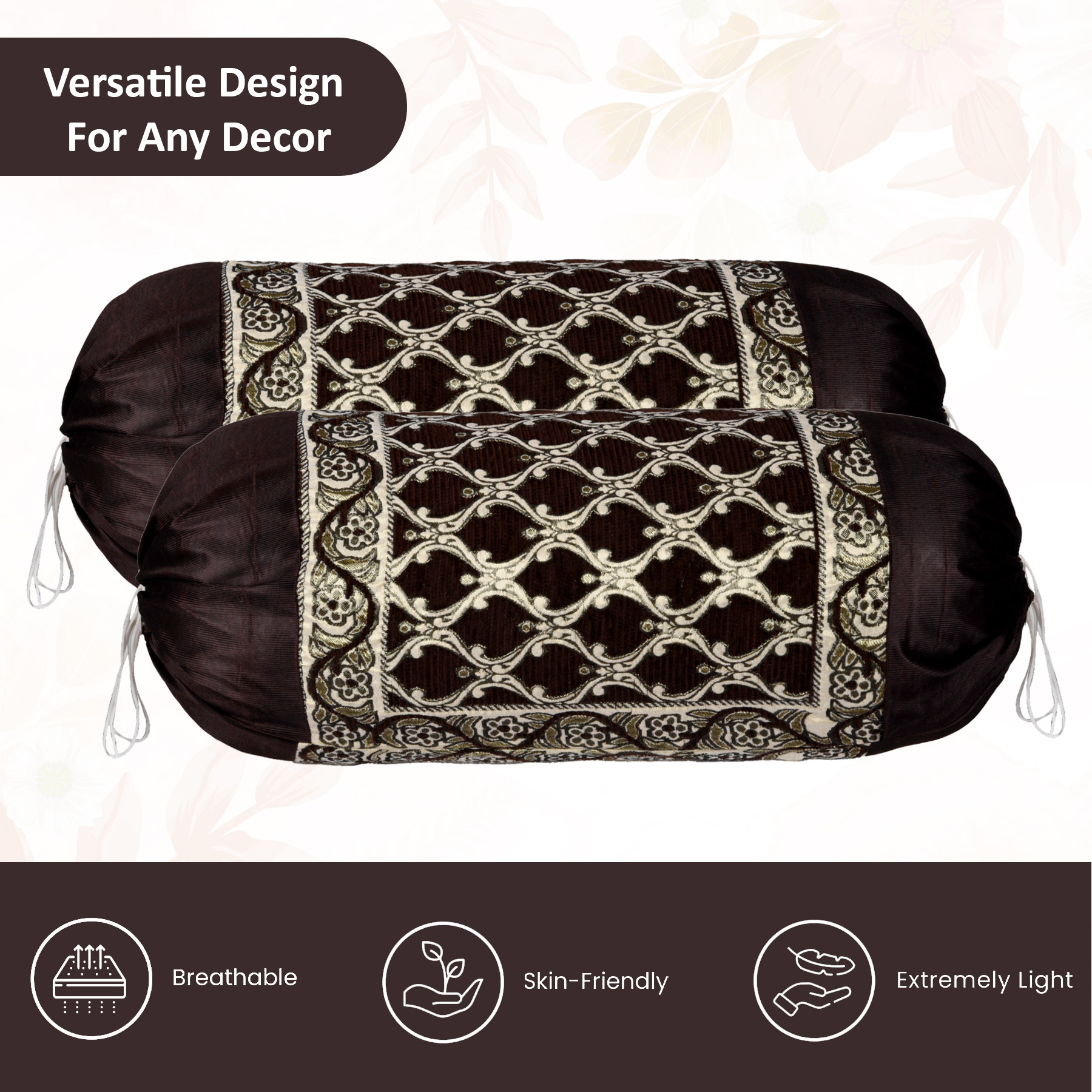 Kuber Industries 2 Pcs Aesthetic BolsterSide Pillow Cover with Dori for Sofa  Diwan  Washable Cylindrical Takiya  Round Pillow Cover for Home Decor  Jali Design - Golden Brown