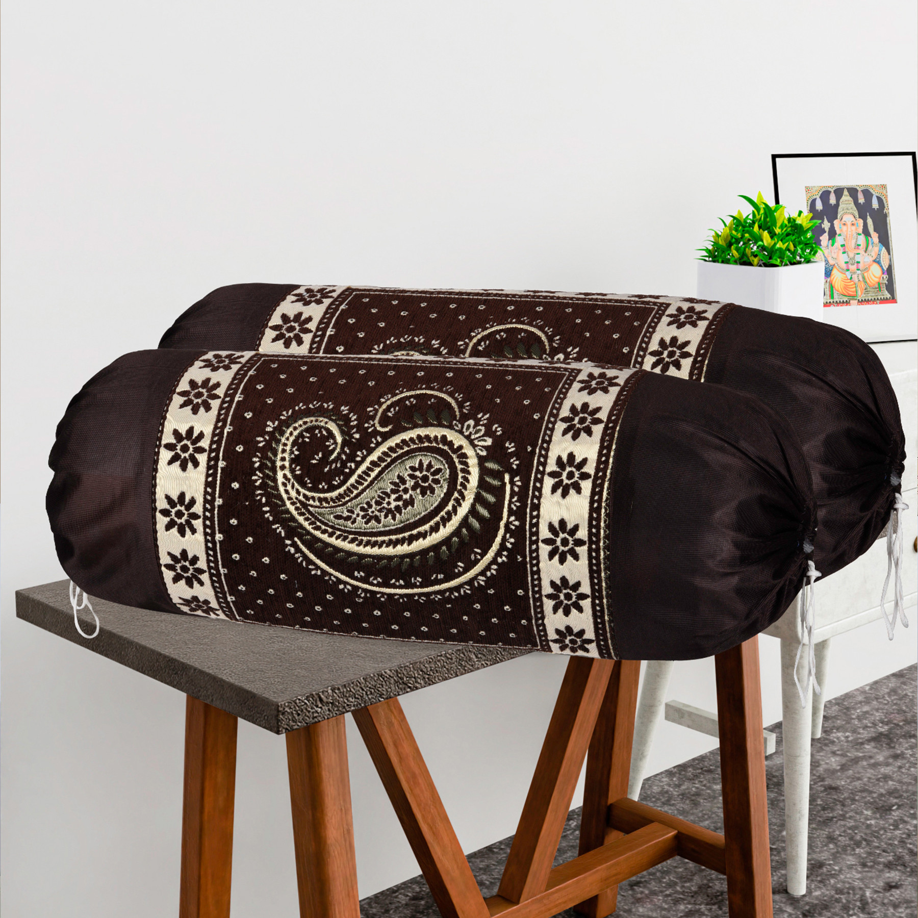 Kuber Industries 2 Pcs Aesthetic BolsterSide Pillow Cover with Dori for Sofa  Diwan  Washable Cylindrical Takiya  Round Pillow Cover for Home Decor  Carry Design - Brown