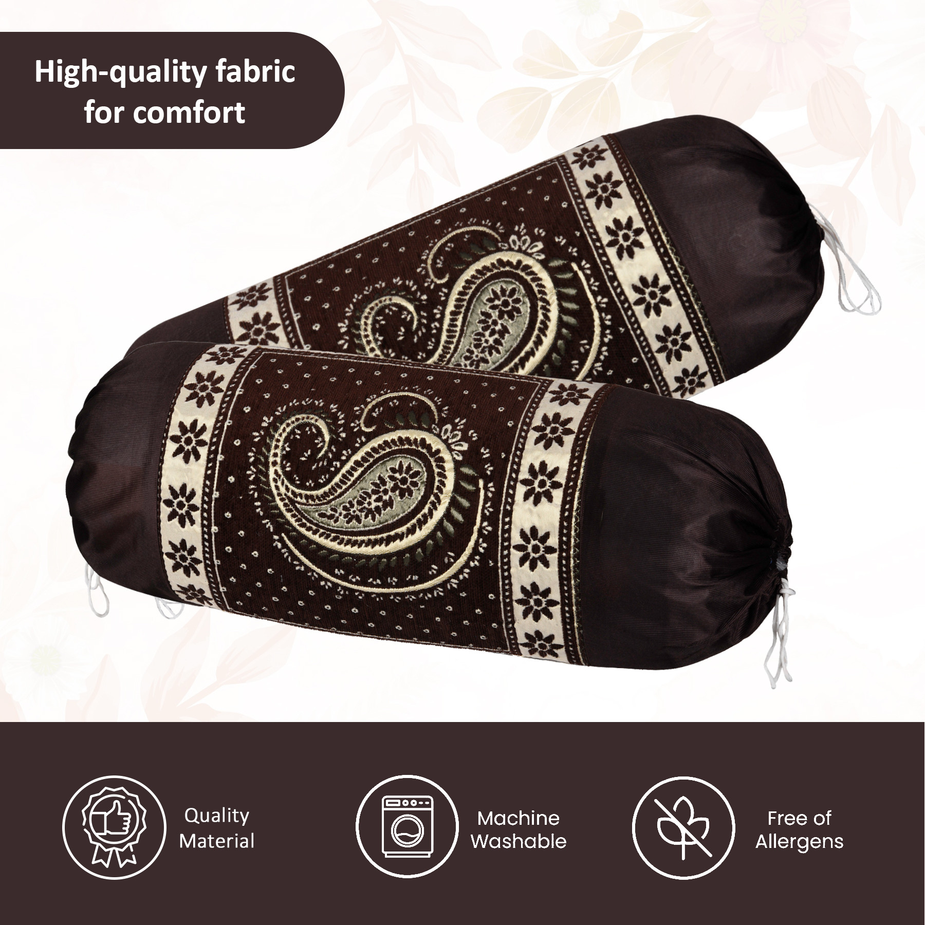 Kuber Industries 2 Pcs Aesthetic BolsterSide Pillow Cover with Dori for Sofa  Diwan  Washable Cylindrical Takiya  Round Pillow Cover for Home Decor  Carry Design - Brown