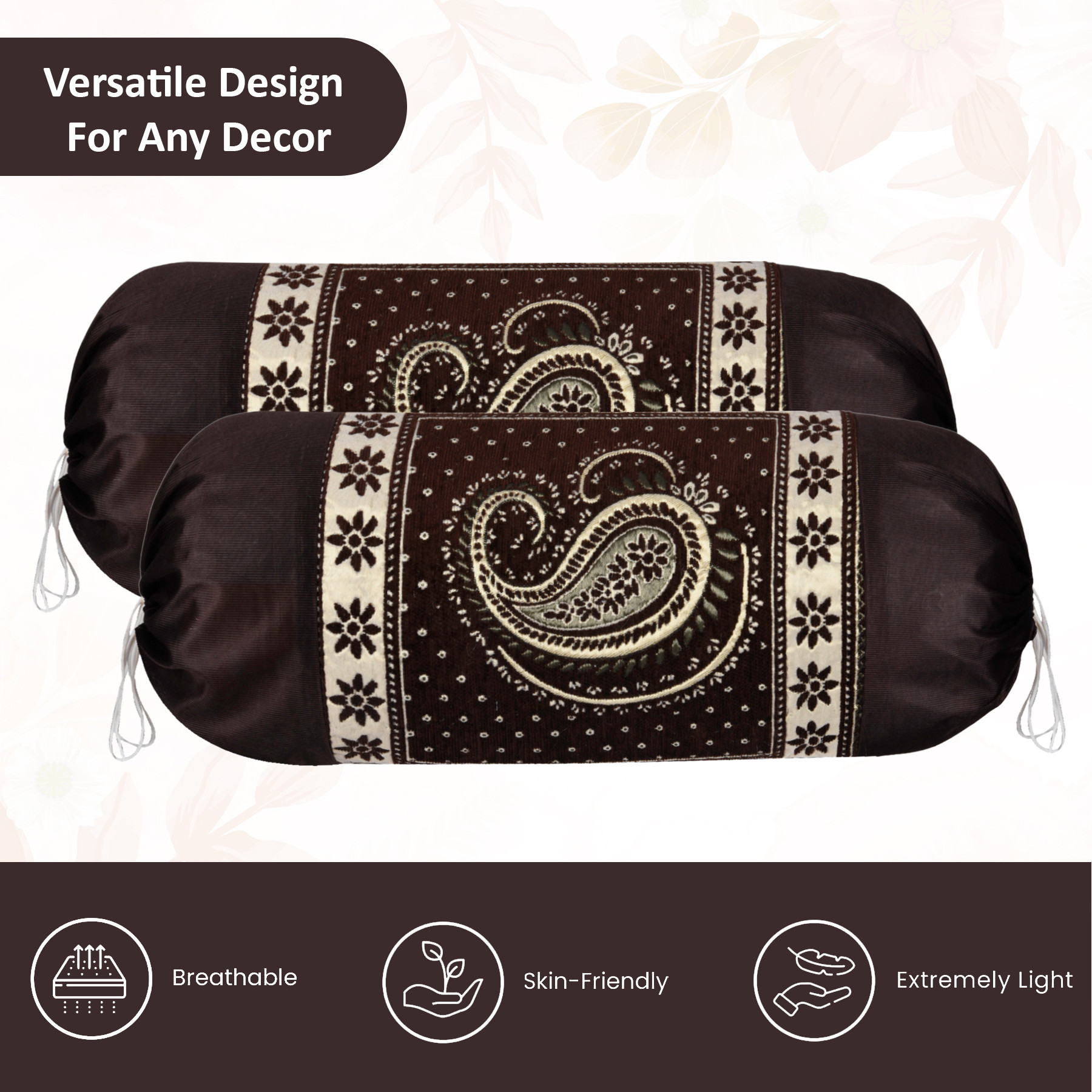 Kuber Industries 2 Pcs Aesthetic BolsterSide Pillow Cover with Dori for Sofa  Diwan  Washable Cylindrical Takiya  Round Pillow Cover for Home Decor  Carry Design - Brown