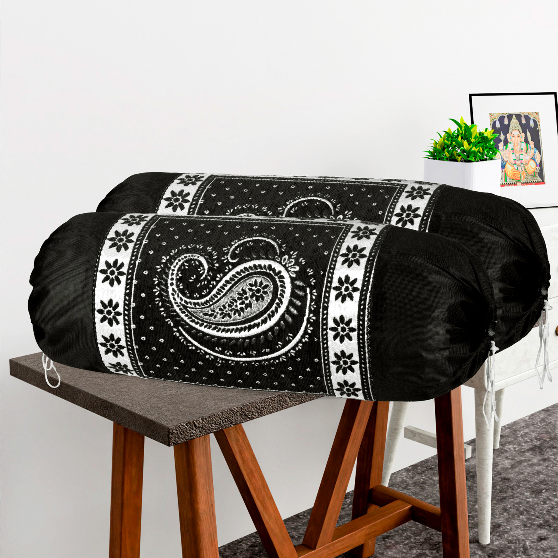 Kuber Industries 2 Pcs Aesthetic BolsterSide Pillow Cover with Dori for Sofa  Diwan  Washable Cylindrical Takiya  Round Pillow Cover for Home Decor  Carry Design - Black