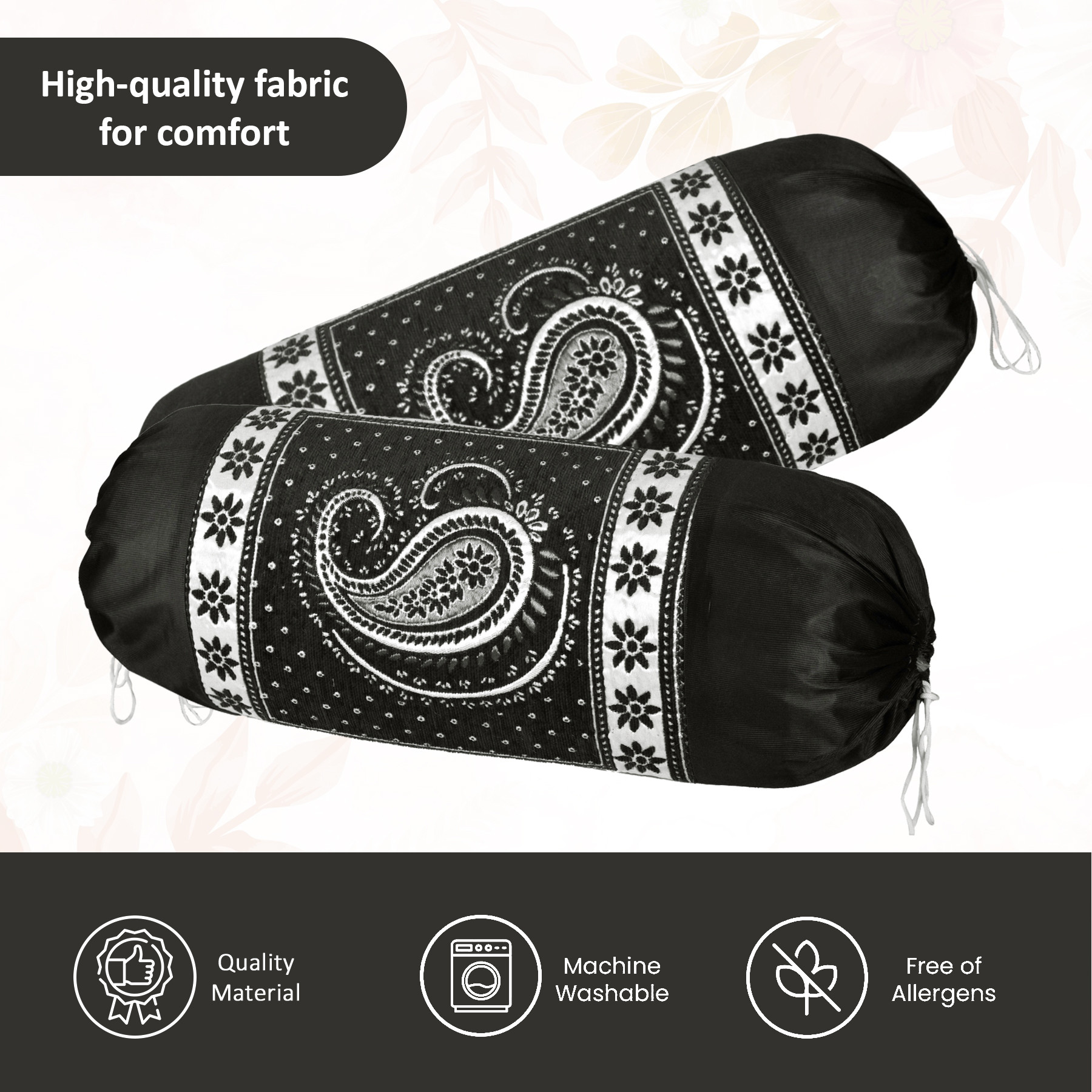 Kuber Industries 2 Pcs Aesthetic BolsterSide Pillow Cover with Dori for Sofa  Diwan  Washable Cylindrical Takiya  Round Pillow Cover for Home Decor  Carry Design - Black