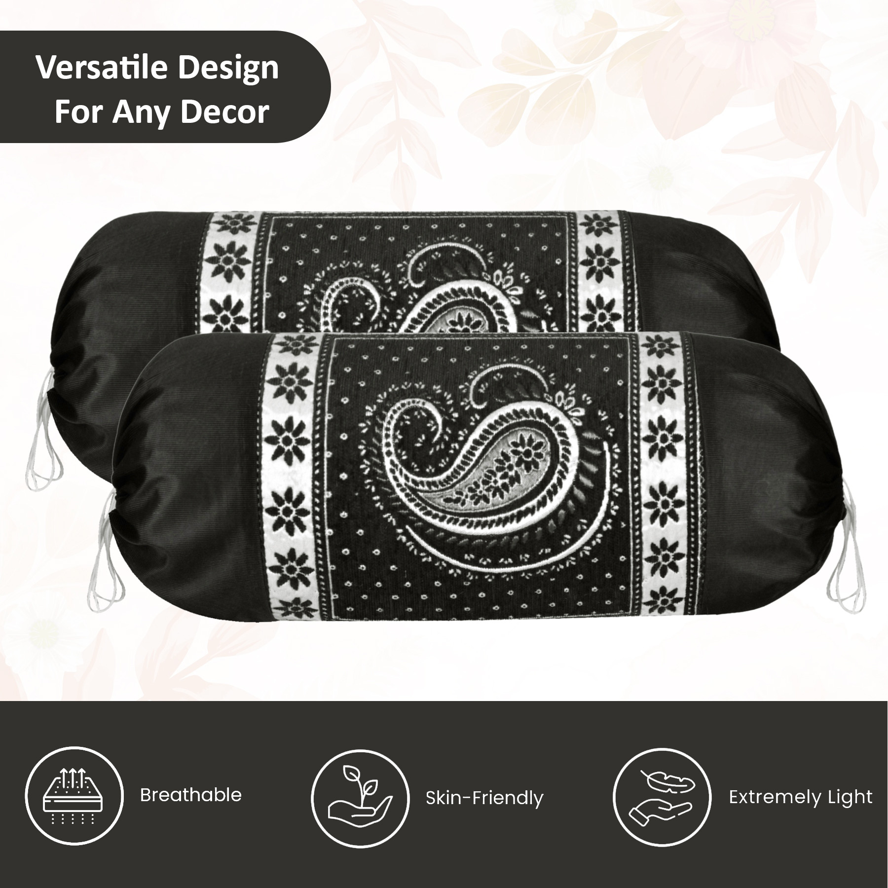 Kuber Industries 2 Pcs Aesthetic BolsterSide Pillow Cover with Dori for Sofa  Diwan  Washable Cylindrical Takiya  Round Pillow Cover for Home Decor  Carry Design - Black