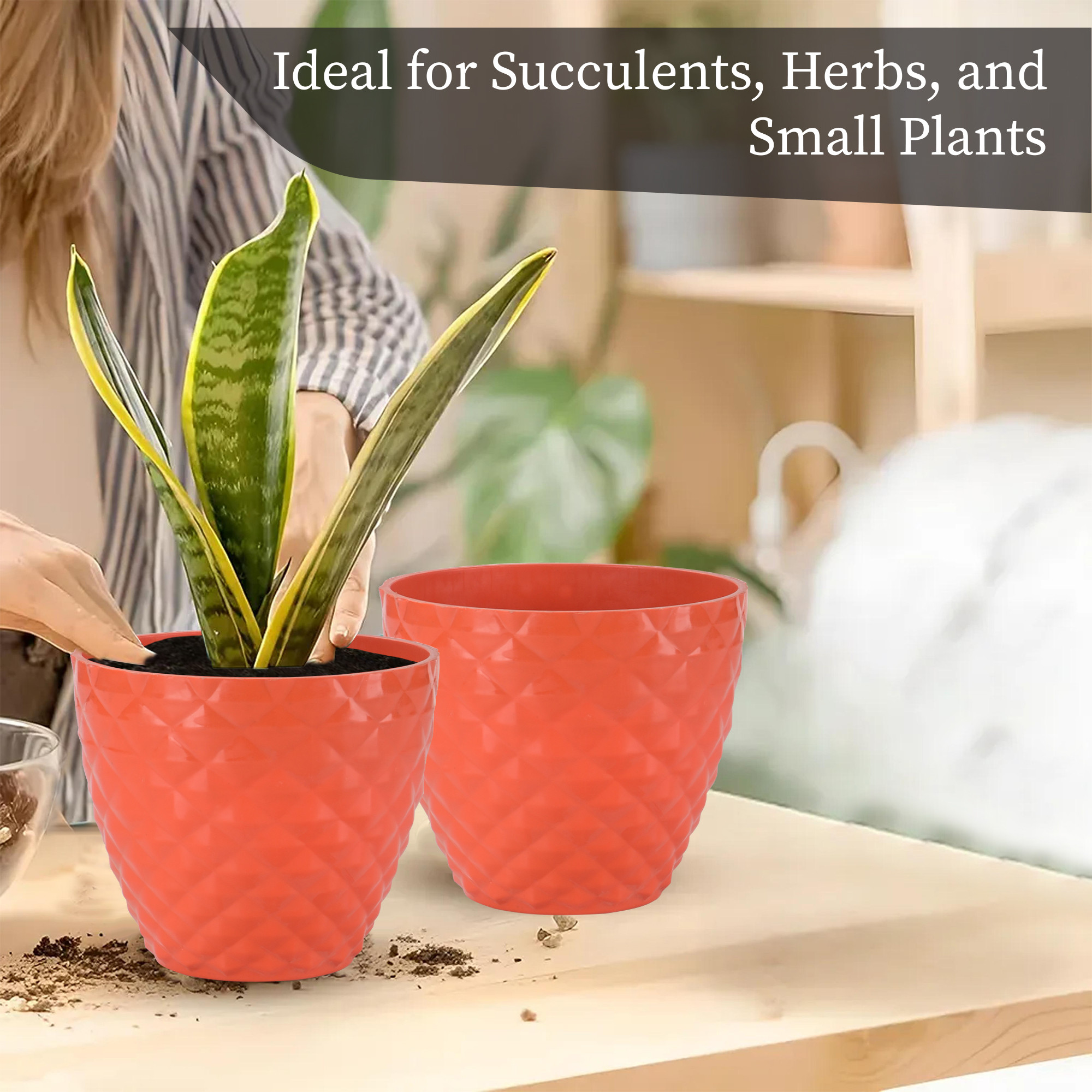 Kuber Industries 2 Pcs Flower Pots for Garden  Planters for Home Decor  6 Inch Gamla  Gardening Pots for Balcony  Indoor  Plant Pot for Living Room  Diamond Pattern - Orange