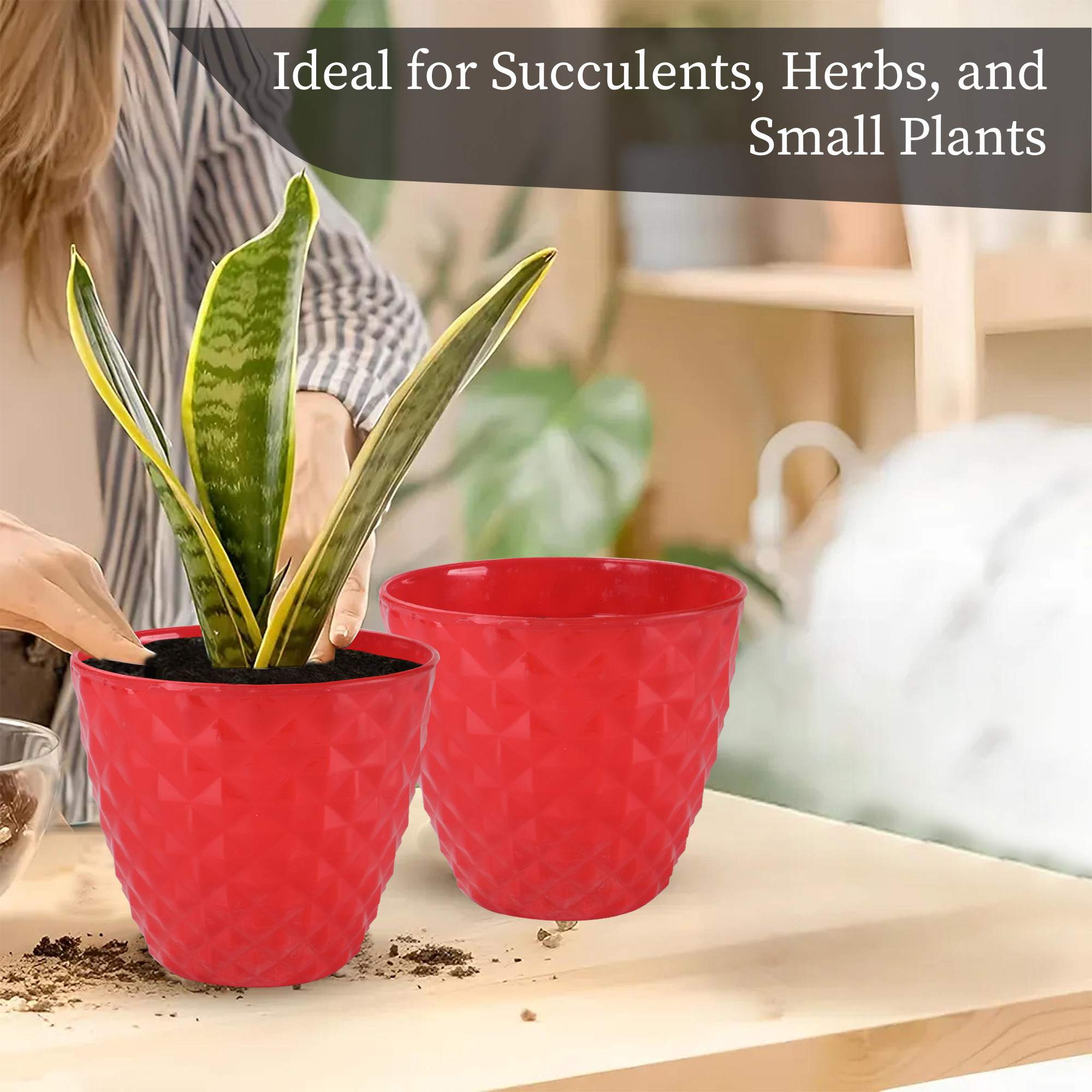 Kuber Industries 2 Pcs Flower Pots for Garden  Planters for Home Decor  6 Inch Gamla  Gardening Pots for Balcony  Indoor  Plant Pot for Living Room  Diamond Pattern - Red