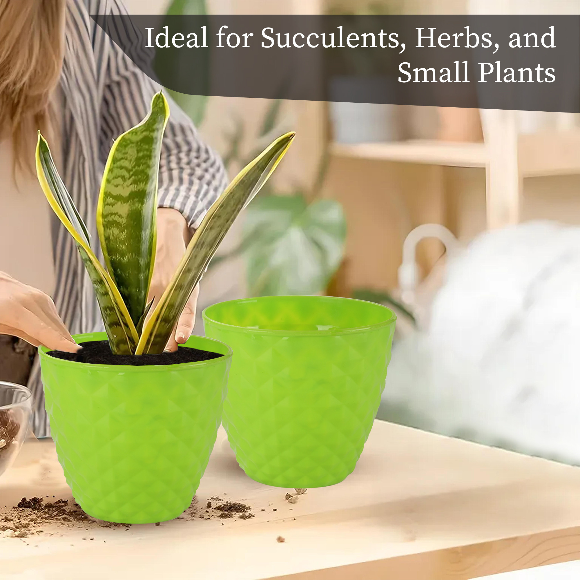 Kuber Industries 2 Pcs Flower Pots for Garden  Planters for Home Decor  6 Inch Gamla  Gardening Pots for Balcony  Indoor  Plant Pot for Living Room  Diamond Pattern - Green