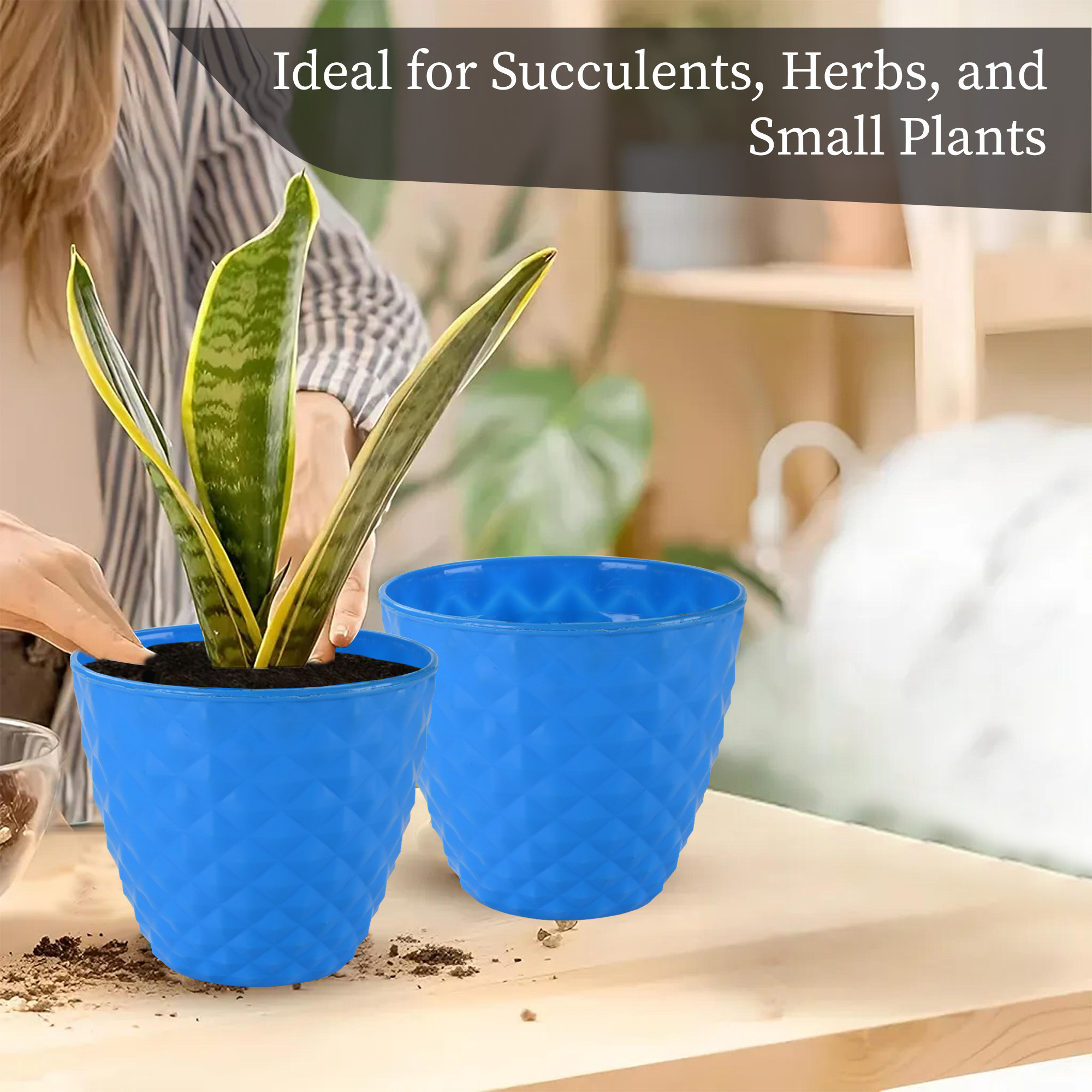 Kuber Industries 2 Pcs Flower Pots for Garden  Planters for Home Decor  6 Inch Gamla  Gardening Pots for Balcony  Indoor  Plant Pot for Living Room  Diamond Pattern - Blue