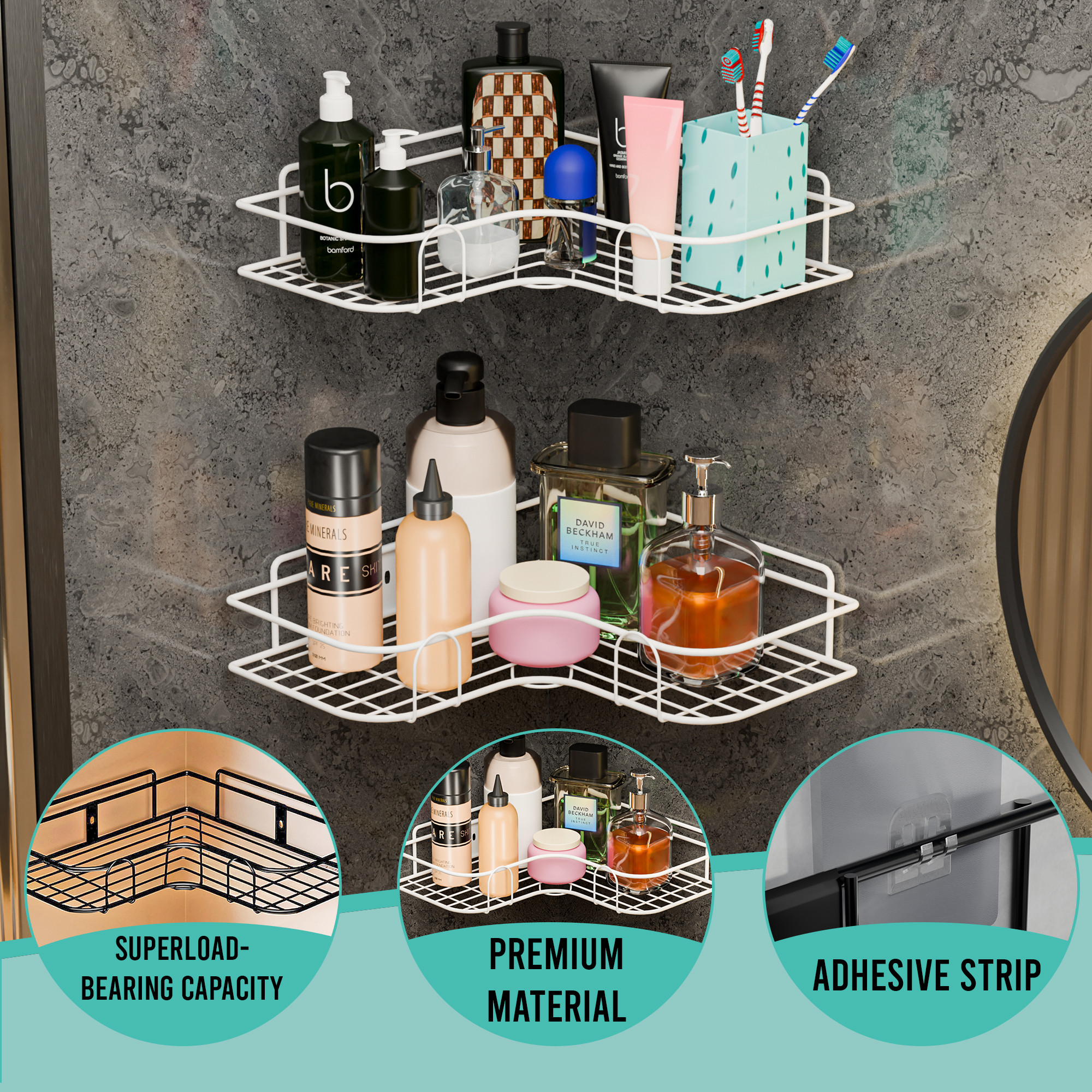 Kuber Industries 2 Pcs Metal Self Adhesive Bathroom Organiser with Drill Screws  Bathroom Corner ShelvesRack  Bathroom Shelf for Wall Adhesive  Corner Stand Bathroom Accessories  White