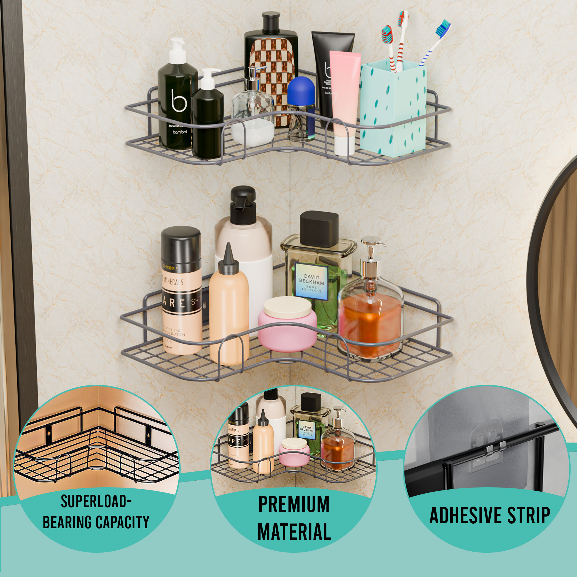 Kuber Industries 2 Pcs Metal Self Adhesive Bathroom Organiser with Drill Screws  Bathroom Corner ShelvesRack  Bathroom Shelf for Wall Adhesive  Corner Stand Bathroom Accessories  Grey