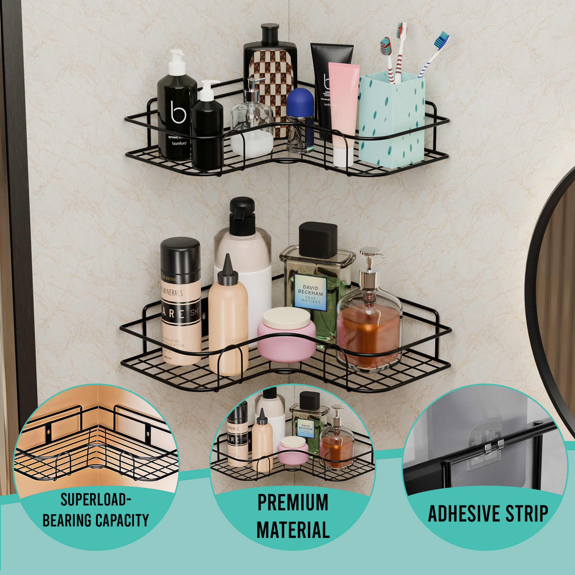 Kuber Industries 2 Pcs Metal Self Adhesive Bathroom Organiser with Drill Screws  Bathroom Corner ShelvesRack  Bathroom Shelf for Wall Adhesive  Corner Stand Bathroom Accessories  Black