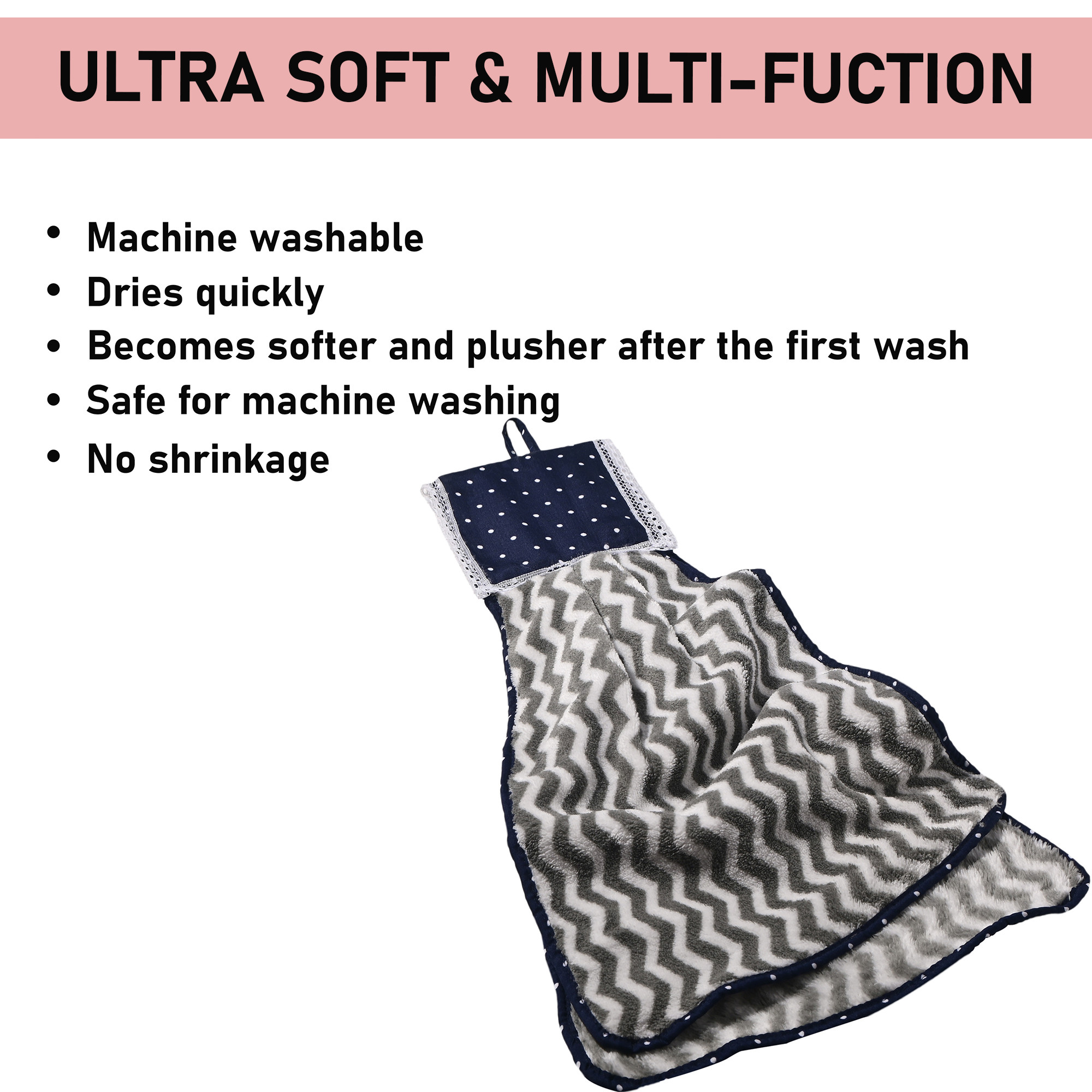 Kuber Industries 2 Pcs Microfiber Wash Basin Hand Towel with Hanging Loop  Soft Hanging Hand Towel for Kitchen and Bathroom  Quick-Dry Wash Basin Napkins for Everyday Use  Zig Zag - Grey