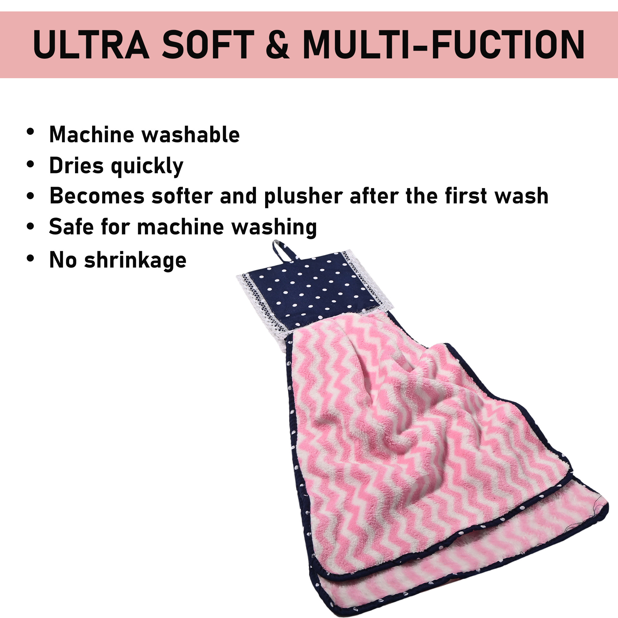 Kuber Industries 2 Pcs Microfiber Wash Basin Hand Towel with Hanging Loop  Soft Hanging Hand Towel for Kitchen and Bathroom  Quick-Dry Wash Basin Napkins for Everyday Use  Zig Zag - Pink