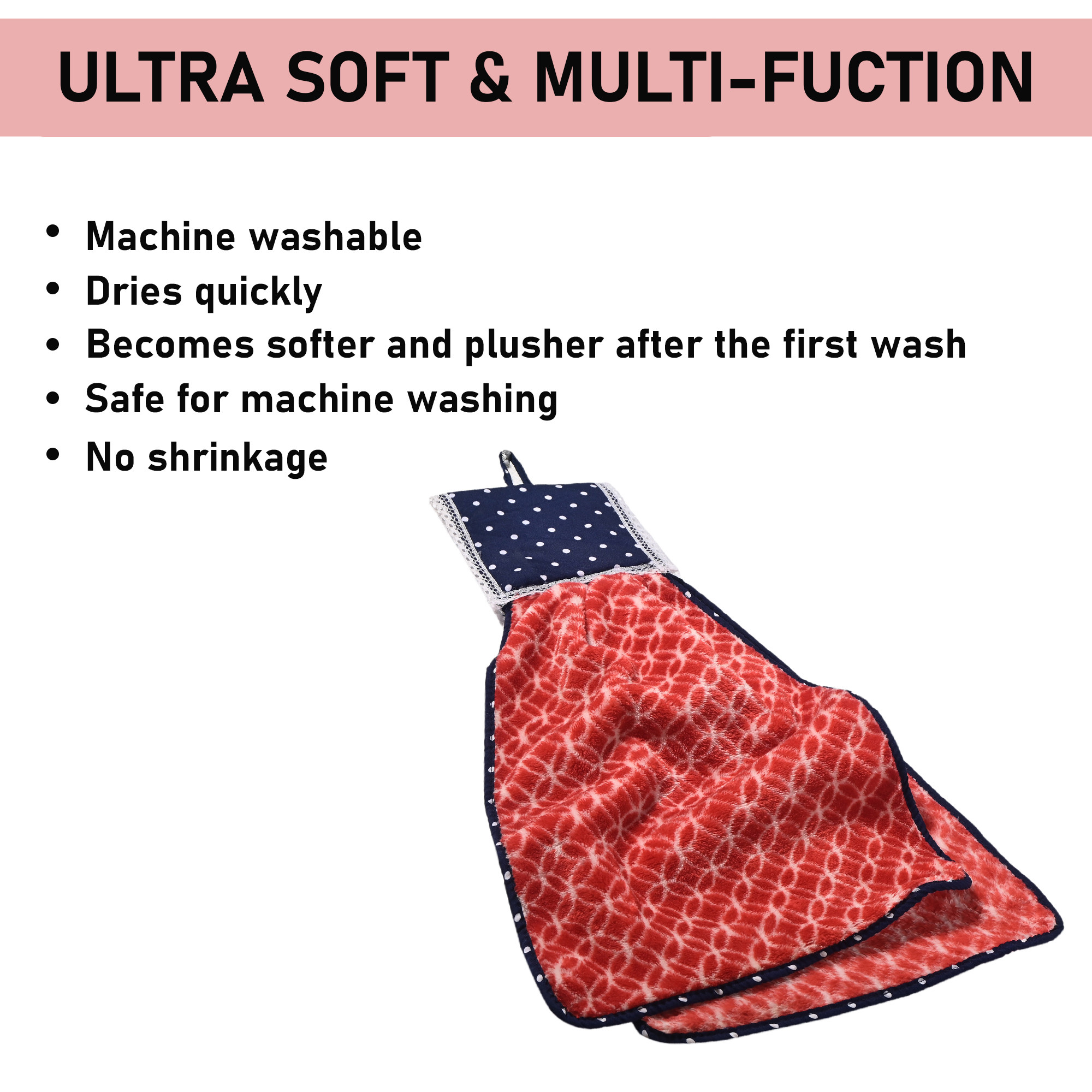 Kuber Industries 2 Pcs Microfiber Wash Basin Hand Towel with Hanging Loop  Soft Hanging Hand Towel for Kitchen and Bathroom  Quick-Dry Wash Basin Napkins for Everyday Use  Circle - Red