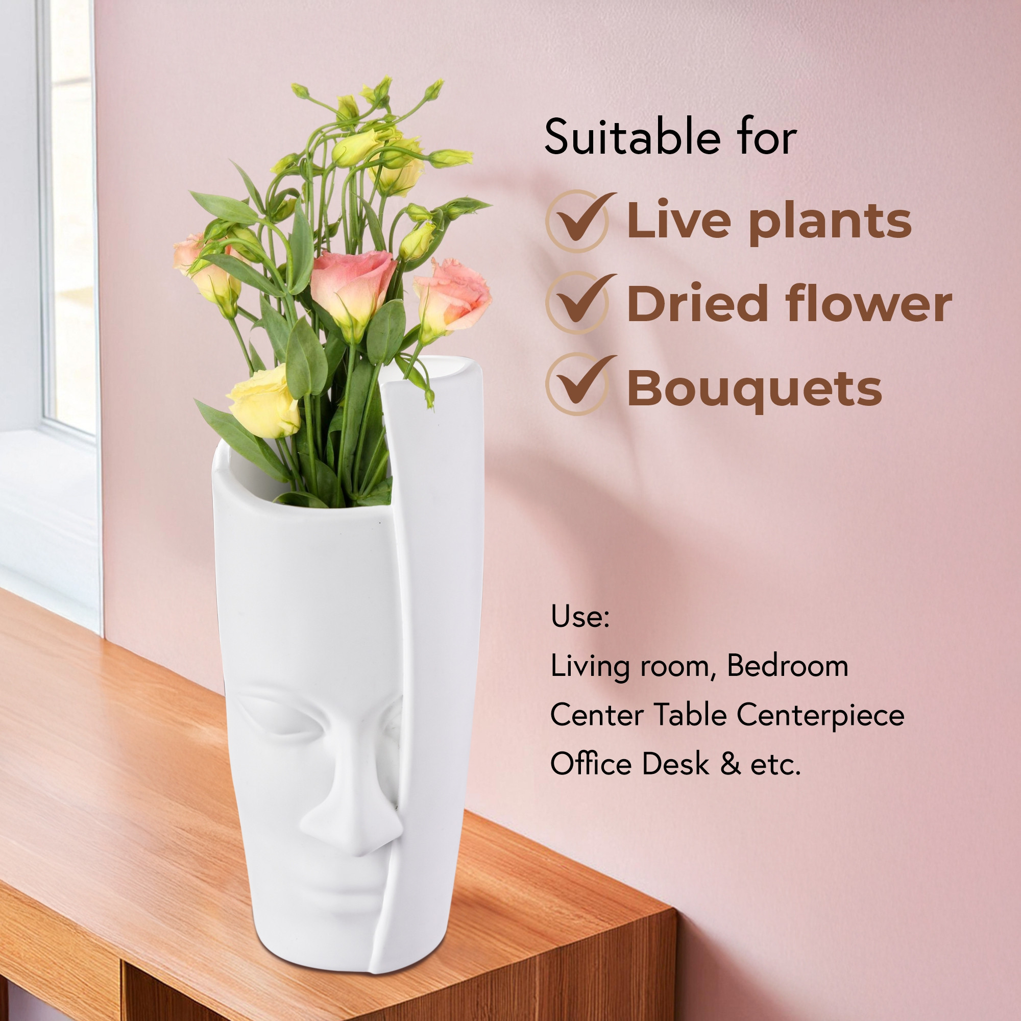 Kuber Industries 2 Pcs Poly Fiber 12 Inch Aesthetic Flower Vase Long for Living Room and Center Table Bedroom  White Vase for Home Decoration and Centerpiece for Office Desk Decor  Orbit Face