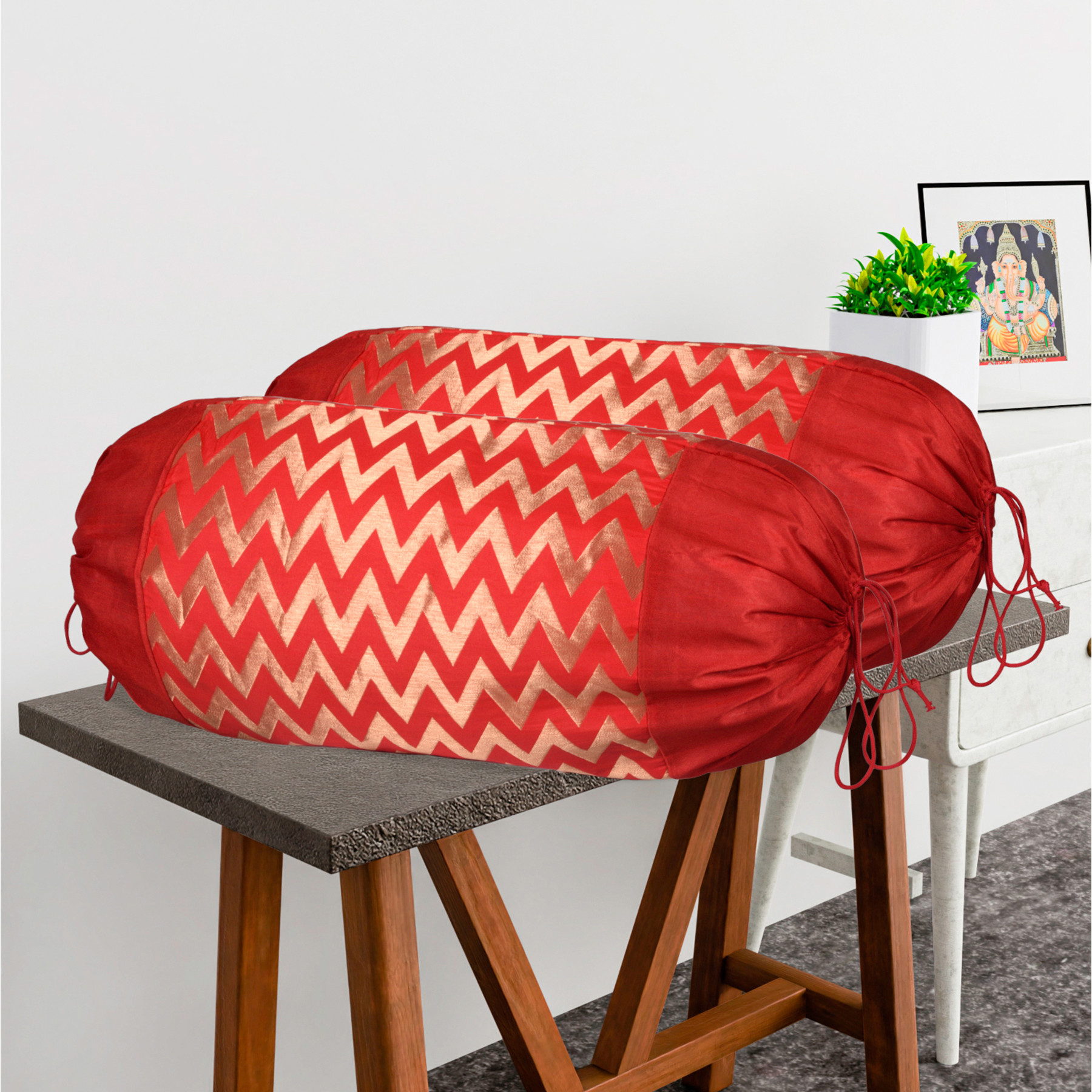 Kuber Industries 2 Pcs Set Durable RoundBolster Side Pillow Cover  Cylindrical Masland  Masand Long Pillow Cover For Diwan Takiyas  Zig Zag Golden - Red