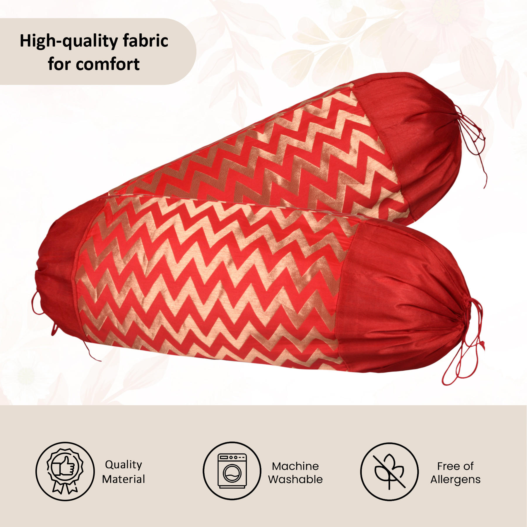 Kuber Industries 2 Pcs Set Durable RoundBolster Side Pillow Cover  Cylindrical Masland  Masand Long Pillow Cover For Diwan Takiyas  Zig Zag Golden - Red