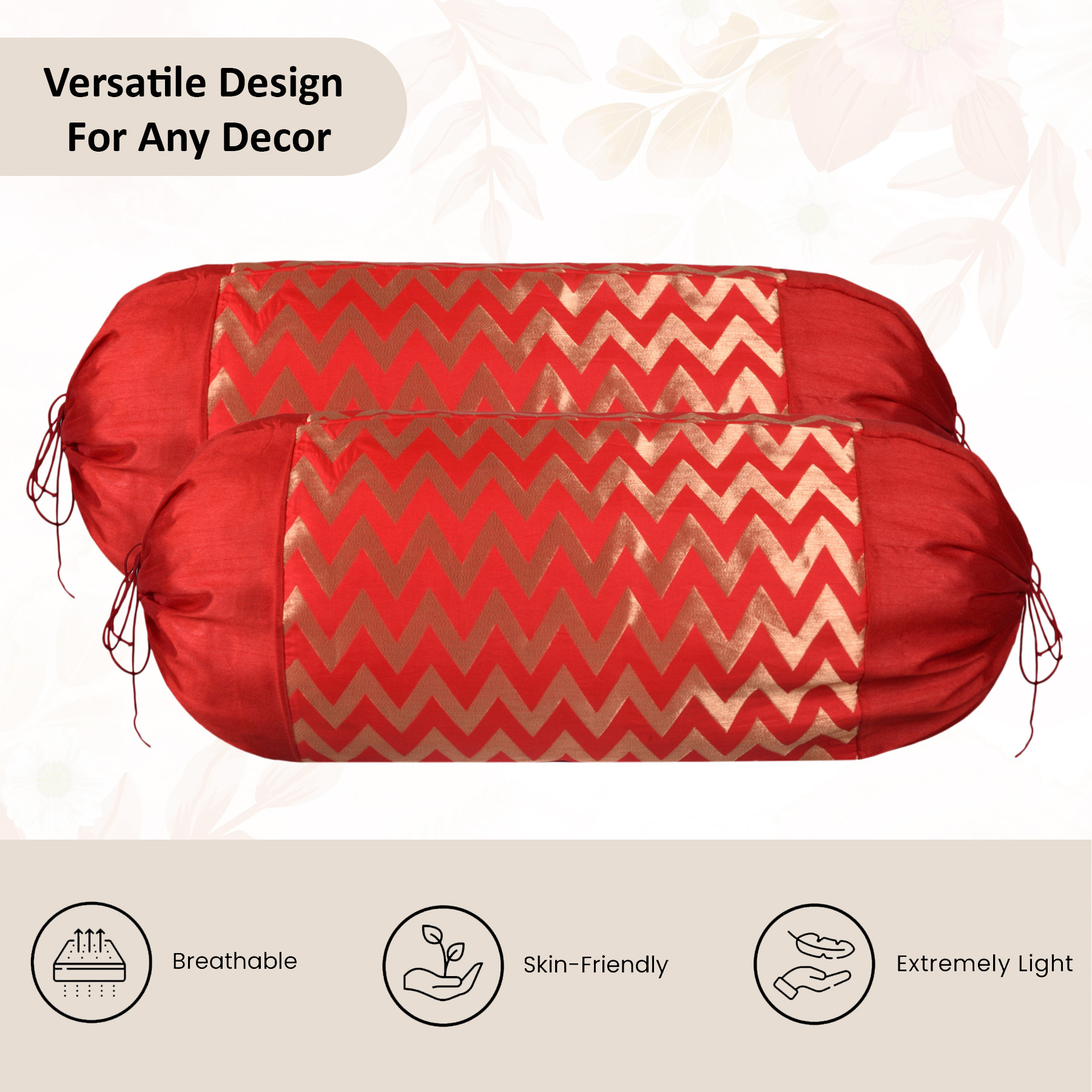 Kuber Industries 2 Pcs Set Durable RoundBolster Side Pillow Cover  Cylindrical Masland  Masand Long Pillow Cover For Diwan Takiyas  Zig Zag Golden - Red
