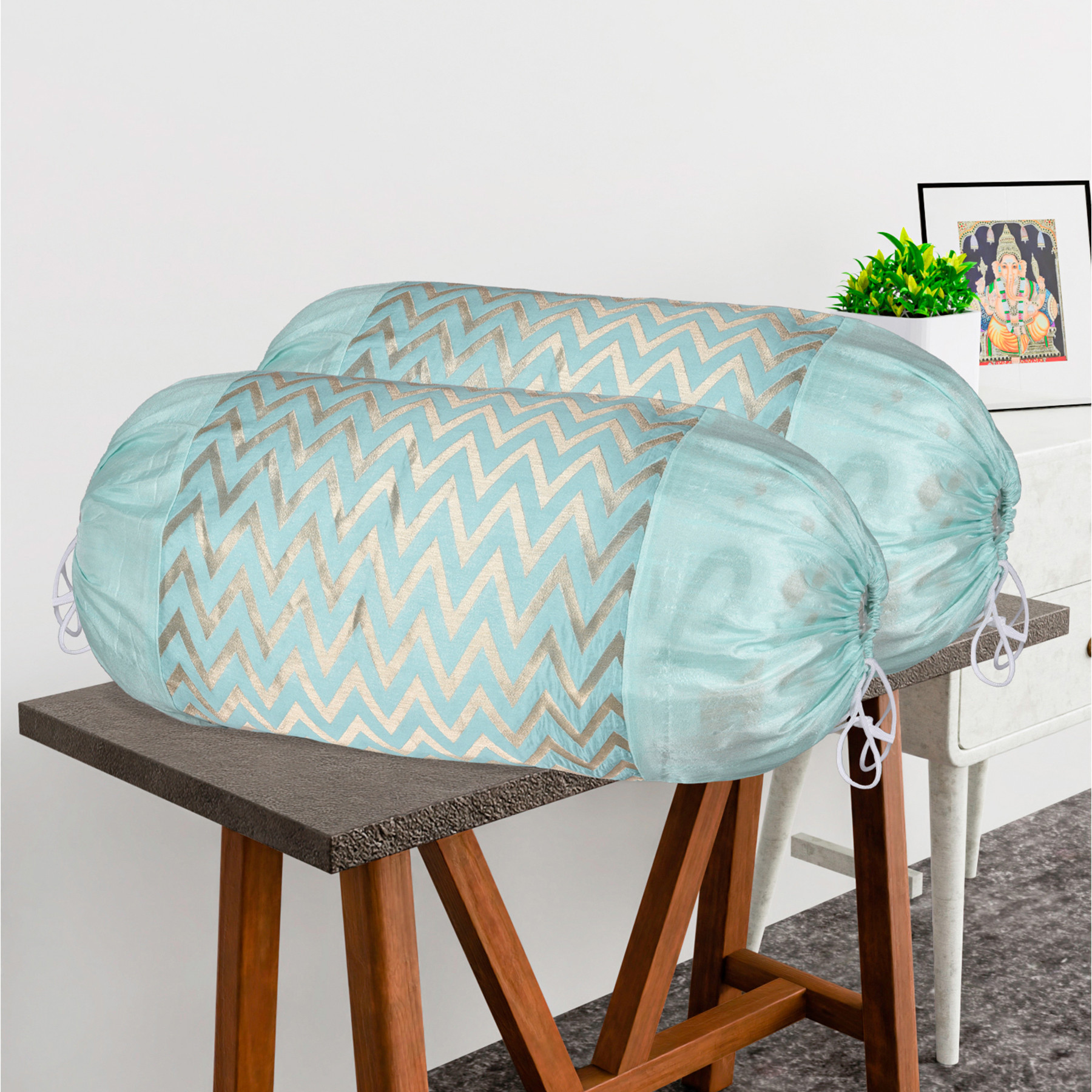 Kuber Industries 2 Pcs Set Durable RoundBolster Side Pillow Cover  Cylindrical Masland  Masand Long Pillow Cover For Diwan Takiyas  Zig Zag Golden - Green