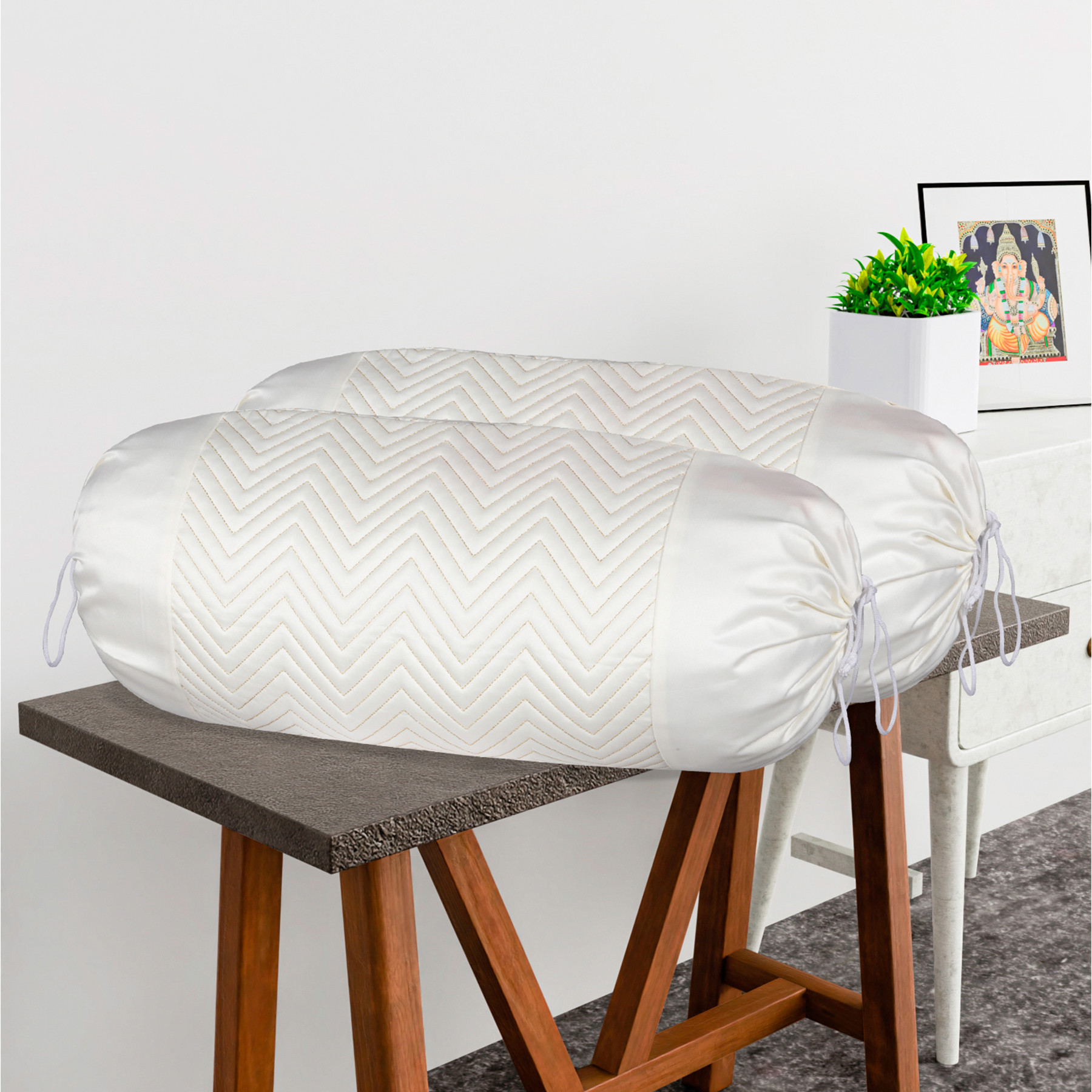 Kuber Industries 2 Pcs Set Durable RoundBolster Side Pillow Cover  Cylindrical Masland  Masand Long Pillow Cover For Diwan Takiyas  Zig Zag Embroidery Gold - White