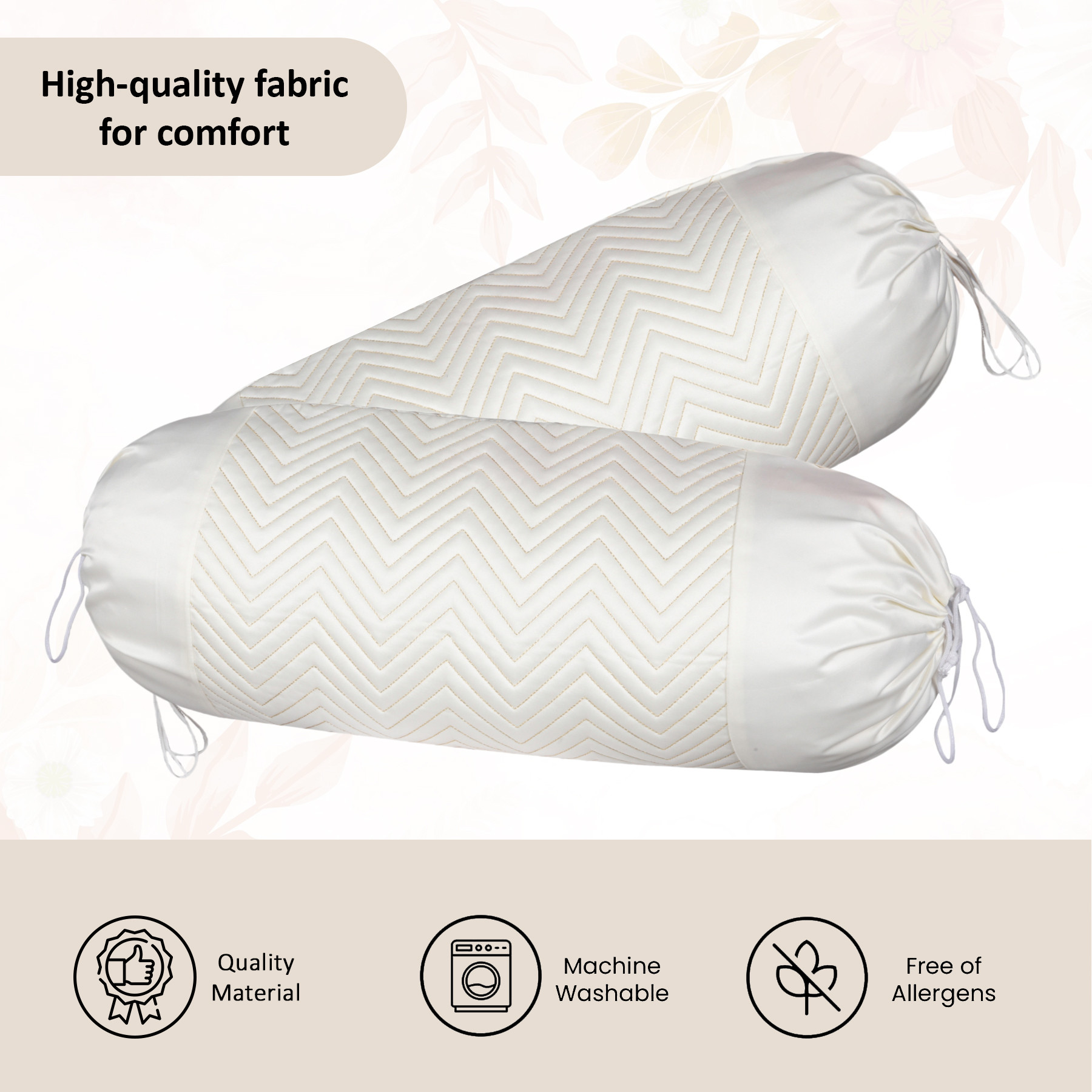 Kuber Industries 2 Pcs Set Durable RoundBolster Side Pillow Cover  Cylindrical Masland  Masand Long Pillow Cover For Diwan Takiyas  Zig Zag Embroidery Gold - White