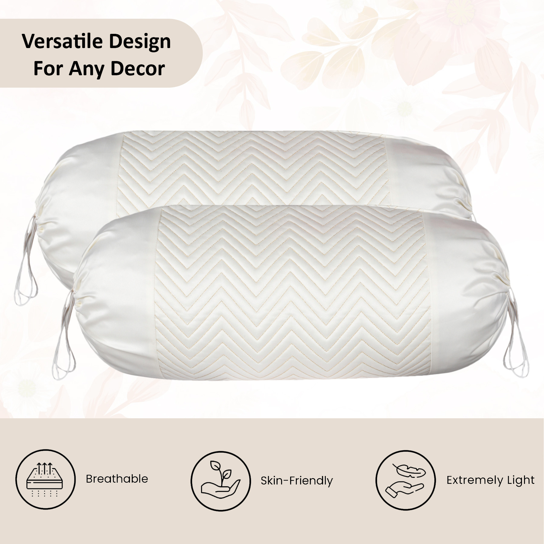 Kuber Industries 2 Pcs Set Durable RoundBolster Side Pillow Cover  Cylindrical Masland  Masand Long Pillow Cover For Diwan Takiyas  Zig Zag Embroidery Gold - White