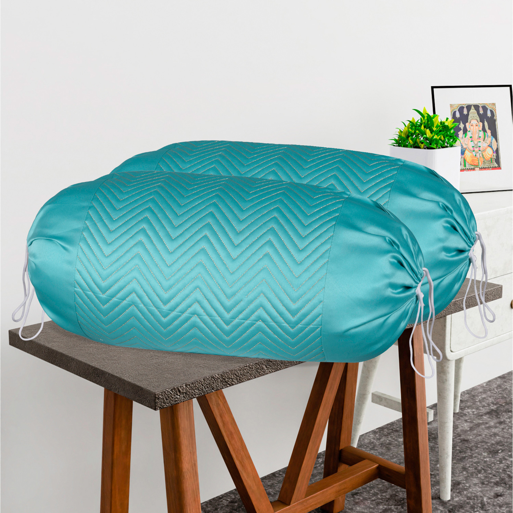 Kuber Industries 2 Pcs Set Durable RoundBolster Side Pillow Cover  Cylindrical Masland  Masand Long Pillow Cover For Diwan Takiyas  Zig Zag Embroidery Gold - Green