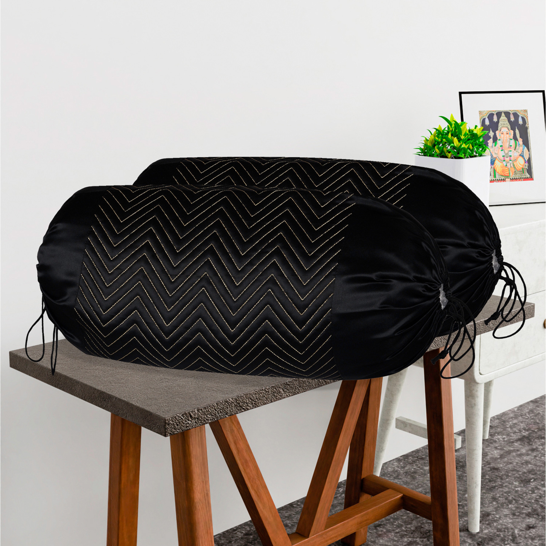 Kuber Industries 2 Pcs Set Durable RoundBolster Side Pillow Cover  Cylindrical Masland  Masand Long Pillow Cover For Diwan Takiyas  Zig Zag Embroidery Gold - Black