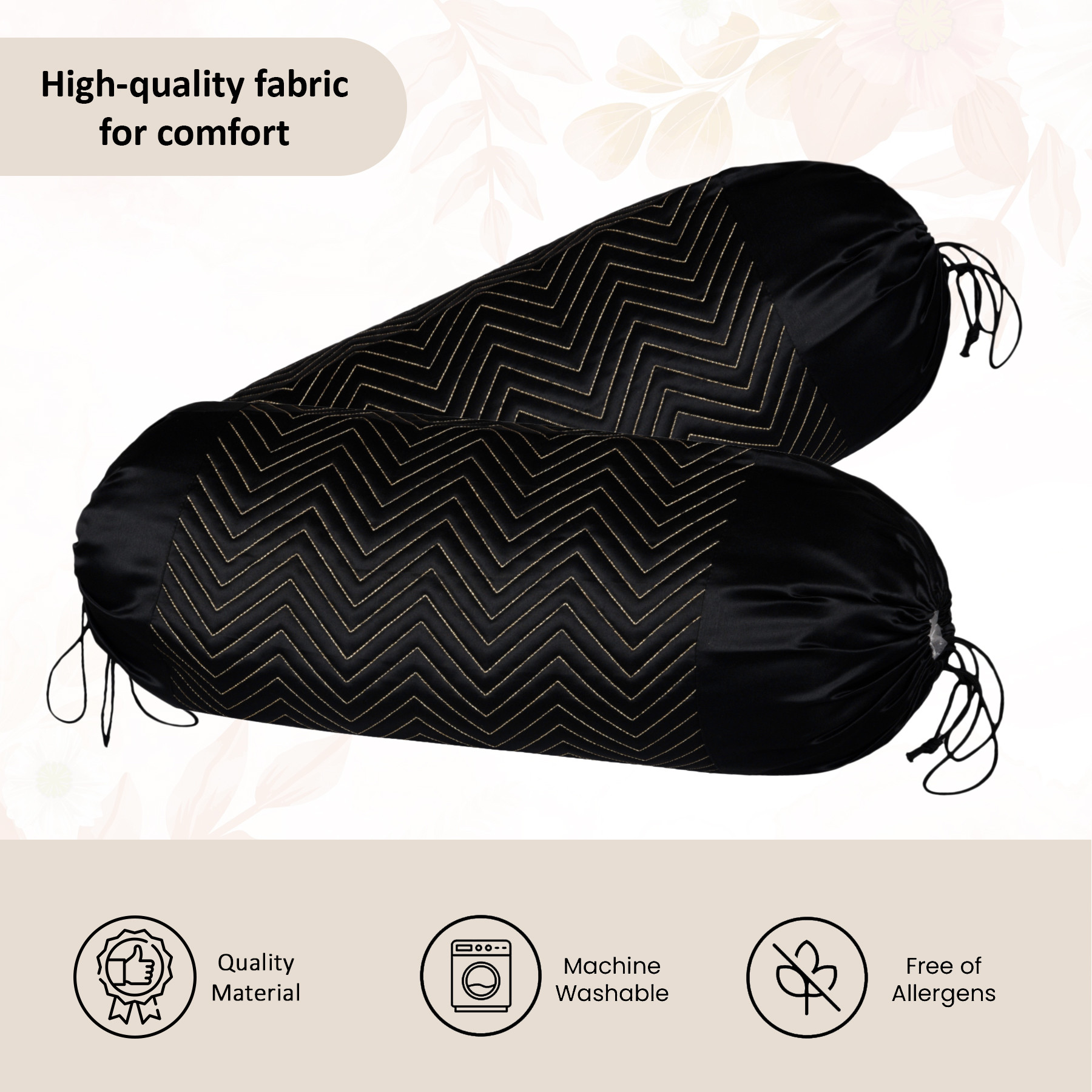 Kuber Industries 2 Pcs Set Durable RoundBolster Side Pillow Cover  Cylindrical Masland  Masand Long Pillow Cover For Diwan Takiyas  Zig Zag Embroidery Gold - Black