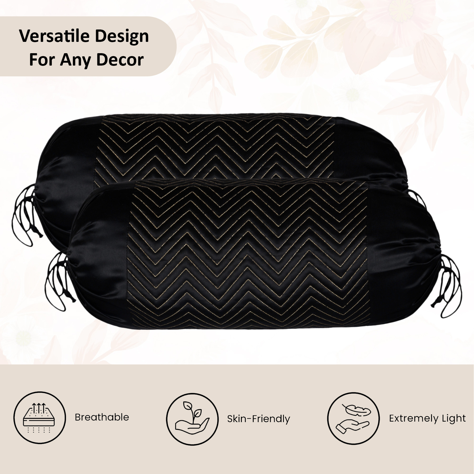 Kuber Industries 2 Pcs Set Durable RoundBolster Side Pillow Cover  Cylindrical Masland  Masand Long Pillow Cover For Diwan Takiyas  Zig Zag Embroidery Gold - Black
