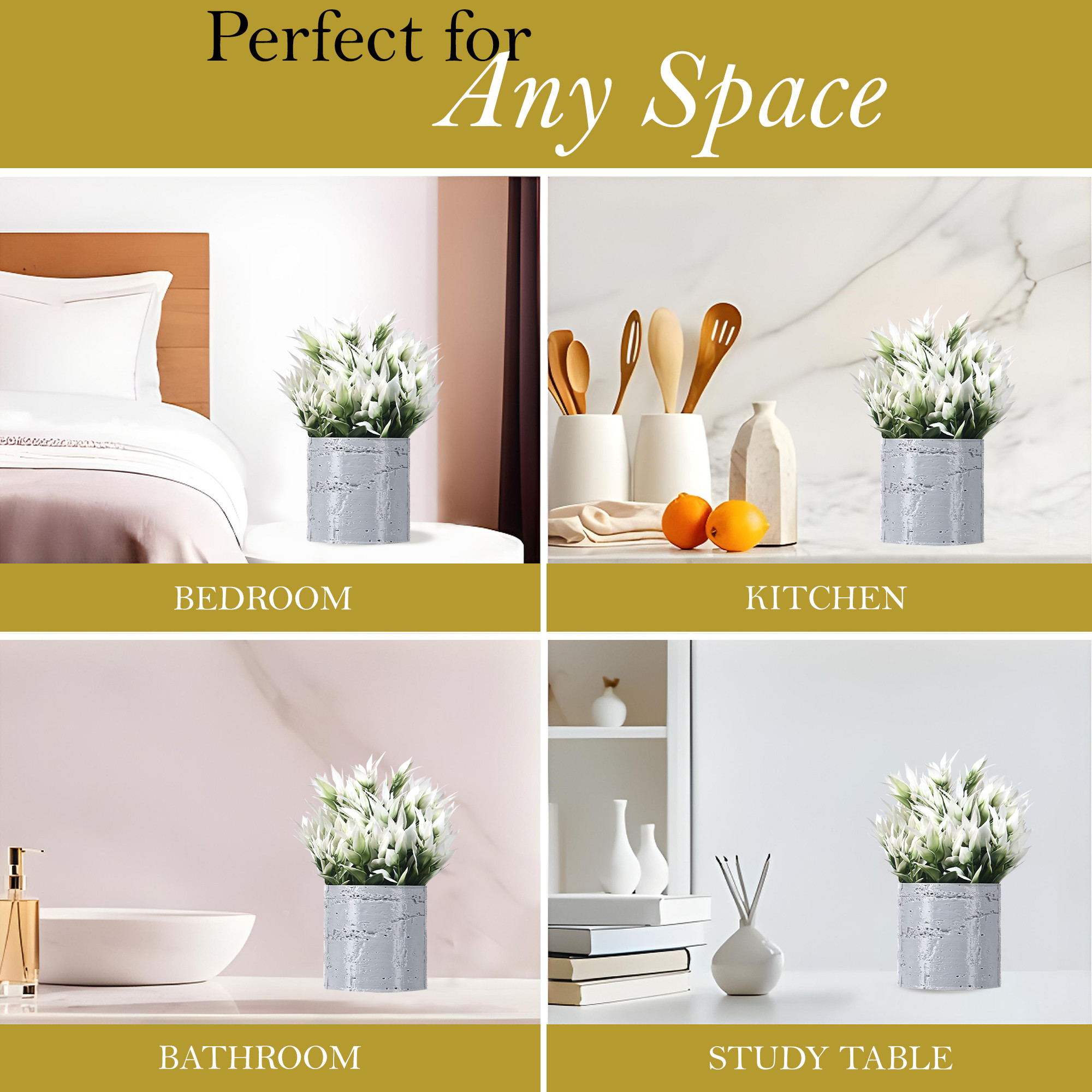 Kuber Industries 2 Pcs Set Plastic Artificial Small Plants with Pot  Decorative Flower Pots for Living Room  Indoor Plants for Home Decor Office Desk Shelf and Table  Concrete - Grey