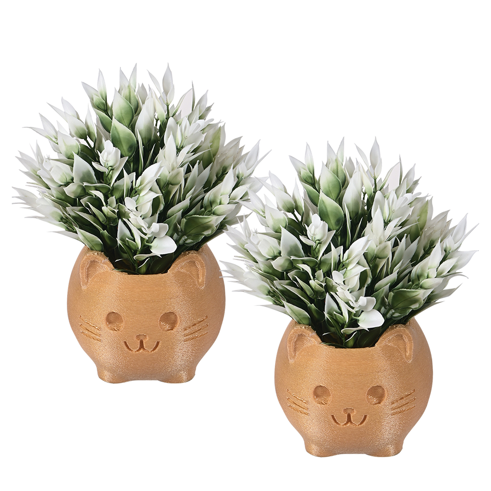 Kuber Industries 2 Pcs Set Plastic Artificial Small Plants with Pot  Decorative Flower Pots for Living Room  Indoor Plants for Home Decor Office Desk Shelf and Table  Cat - Golden