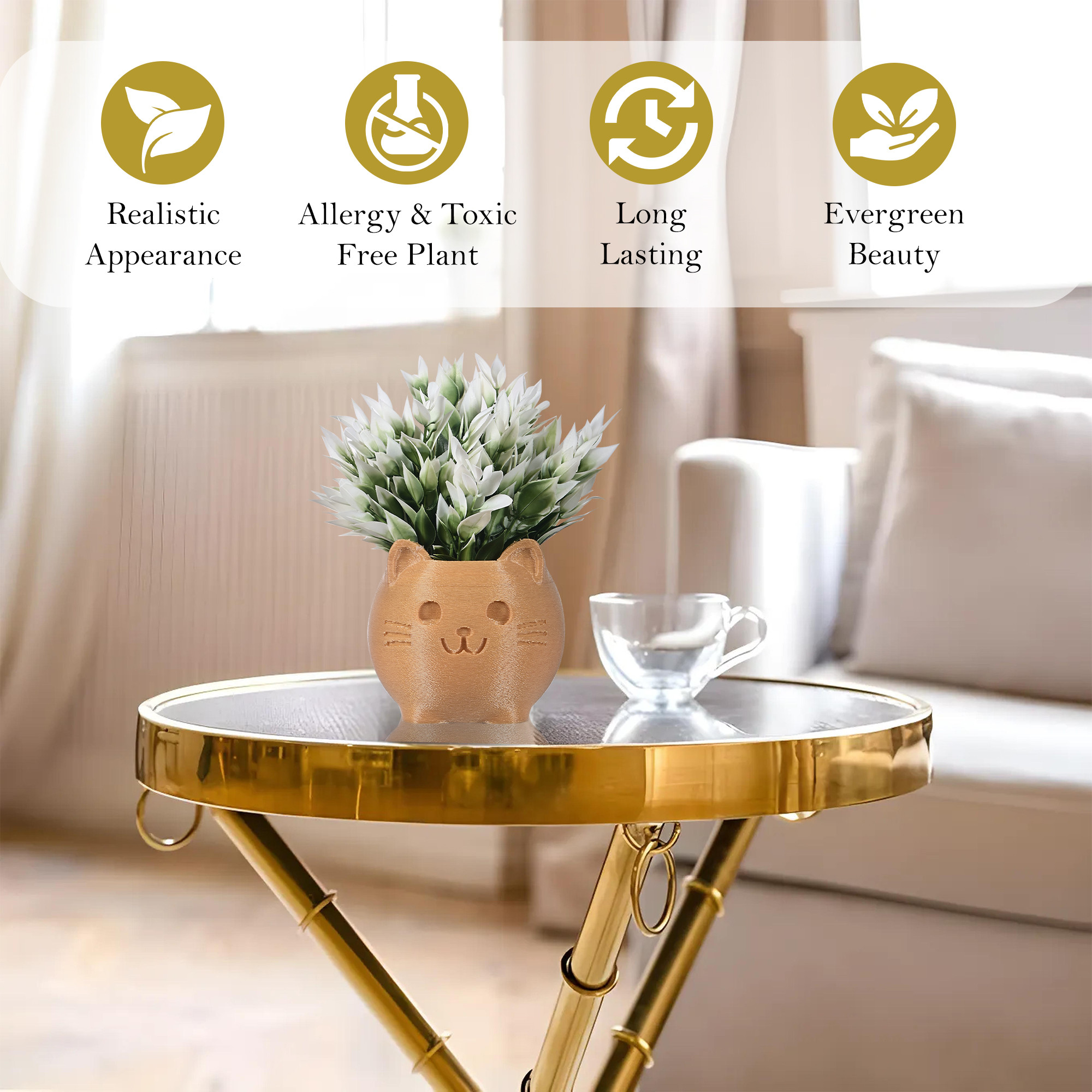 Kuber Industries 2 Pcs Set Plastic Artificial Small Plants with Pot  Decorative Flower Pots for Living Room  Indoor Plants for Home Decor Office Desk Shelf and Table  Cat - Golden