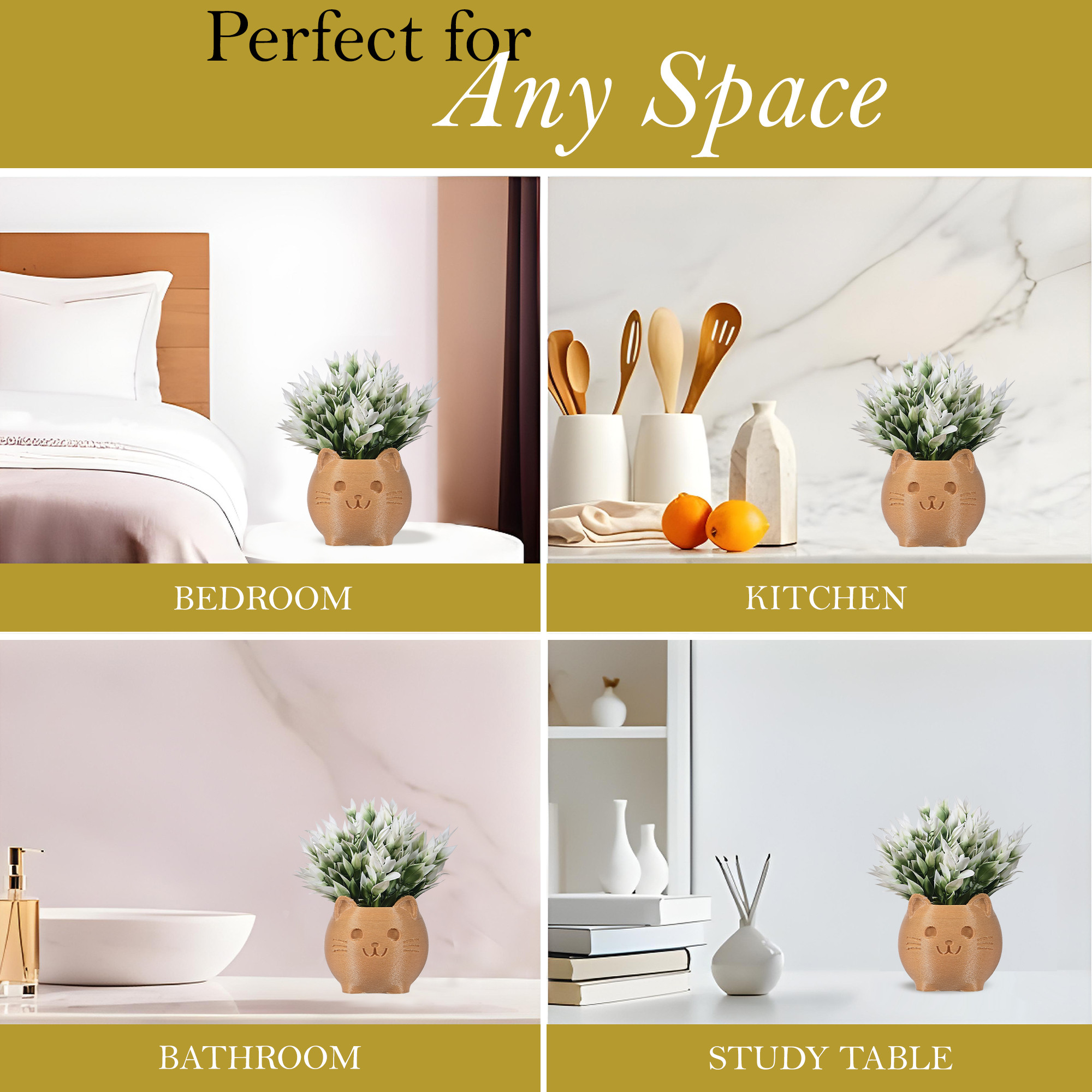 Kuber Industries 2 Pcs Set Plastic Artificial Small Plants with Pot  Decorative Flower Pots for Living Room  Indoor Plants for Home Decor Office Desk Shelf and Table  Cat - Golden