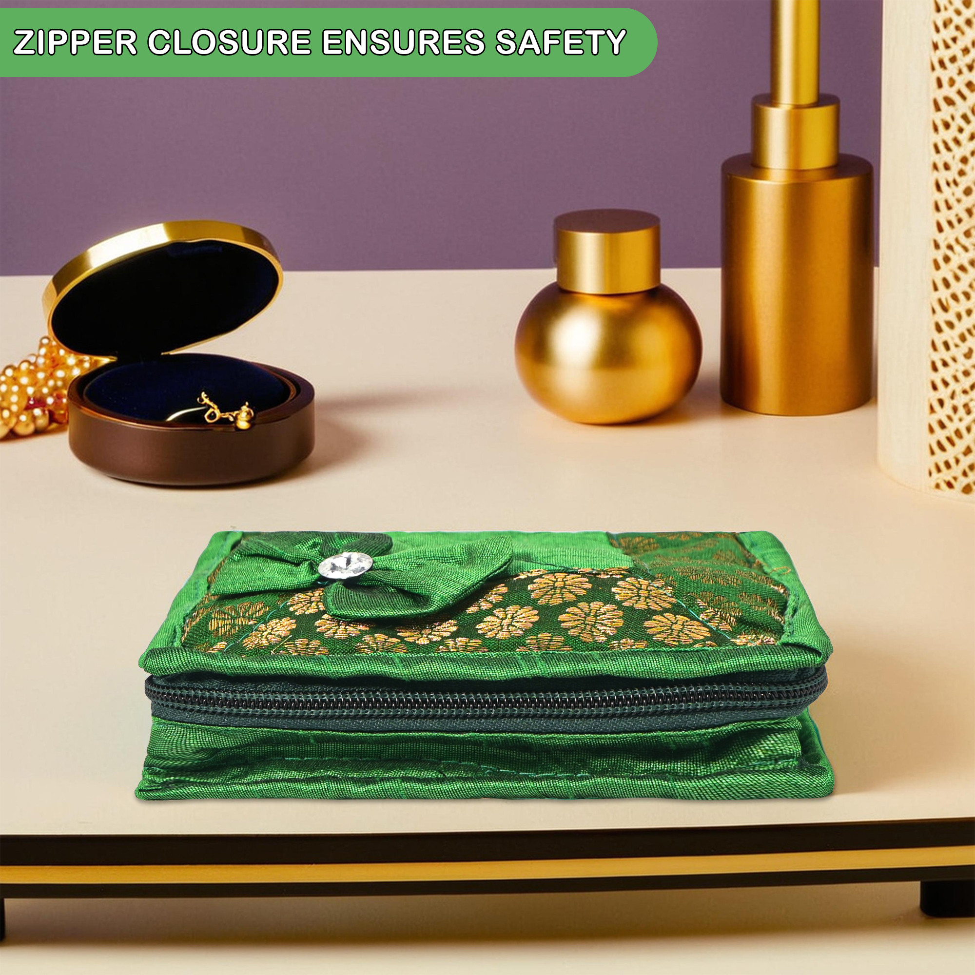 Kuber Industries 2 Pcs Set Polyester Small Jewellery Organisers Pouch For Women With 5 Compartment  Lightweight Jewellery Kit For Necklaces  Rings  Bow Design - Green