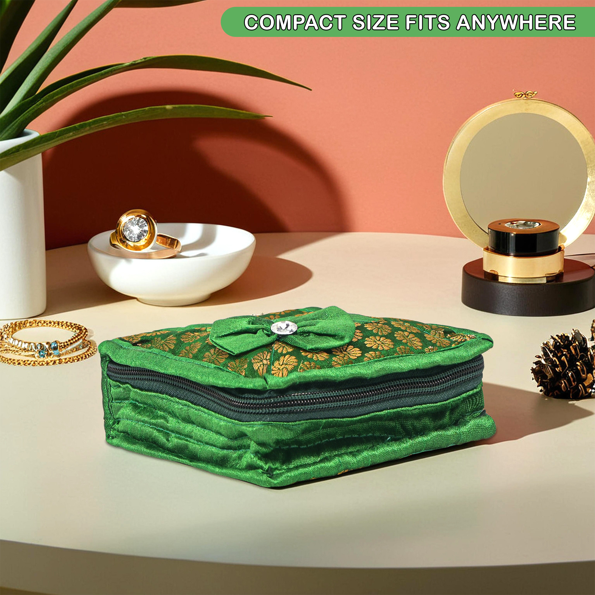 Kuber Industries 2 Pcs Set Polyester Small Jewellery Organisers Pouch For Women With 5 Compartment  Lightweight Jewellery Kit For Necklaces  Rings  Bow Design - Green