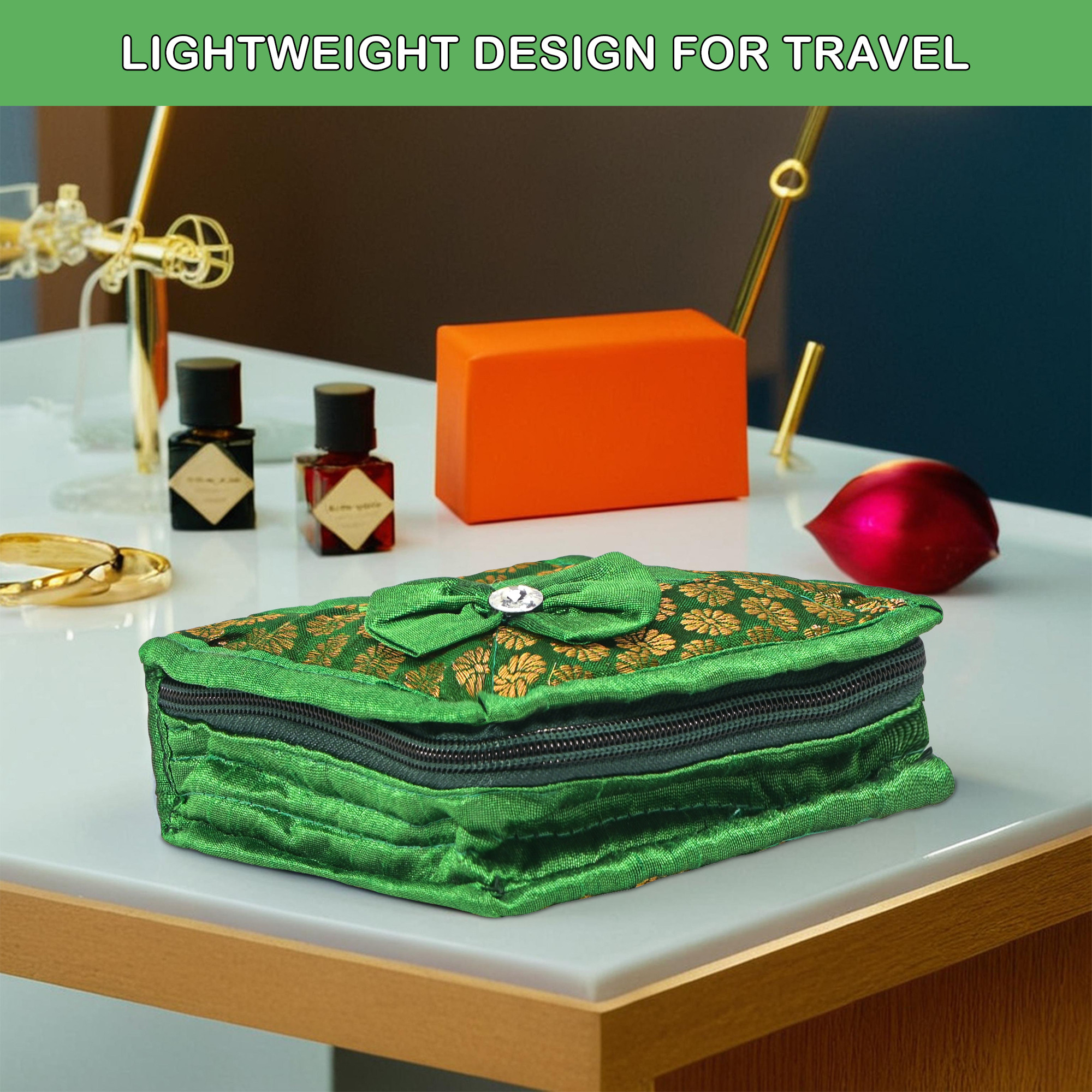 Kuber Industries 2 Pcs Set Polyester Small Jewellery Organisers Pouch For Women With 5 Compartment  Lightweight Jewellery Kit For Necklaces  Rings  Bow Design - Green